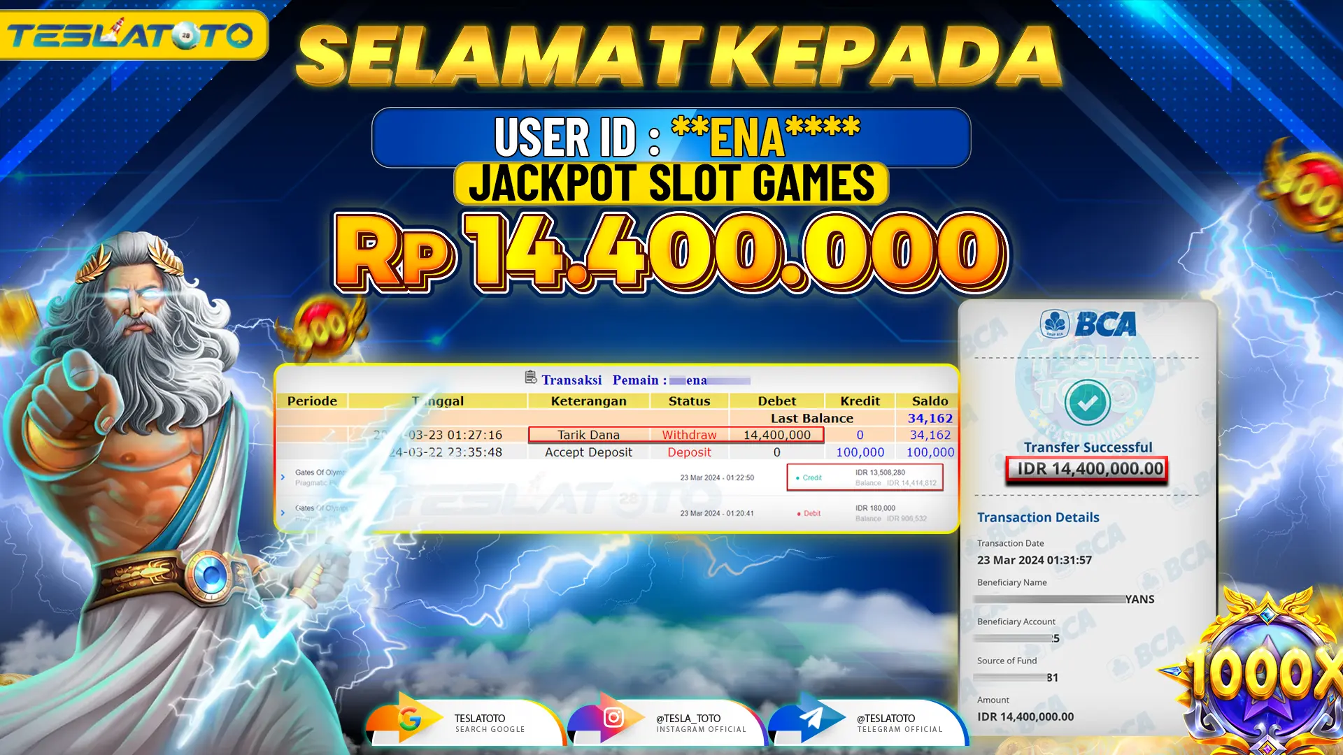TESLATOTO JACKPOT SLOT GATES Of OLYMPUS 1000 Rp. 14.500.000 LUNAS