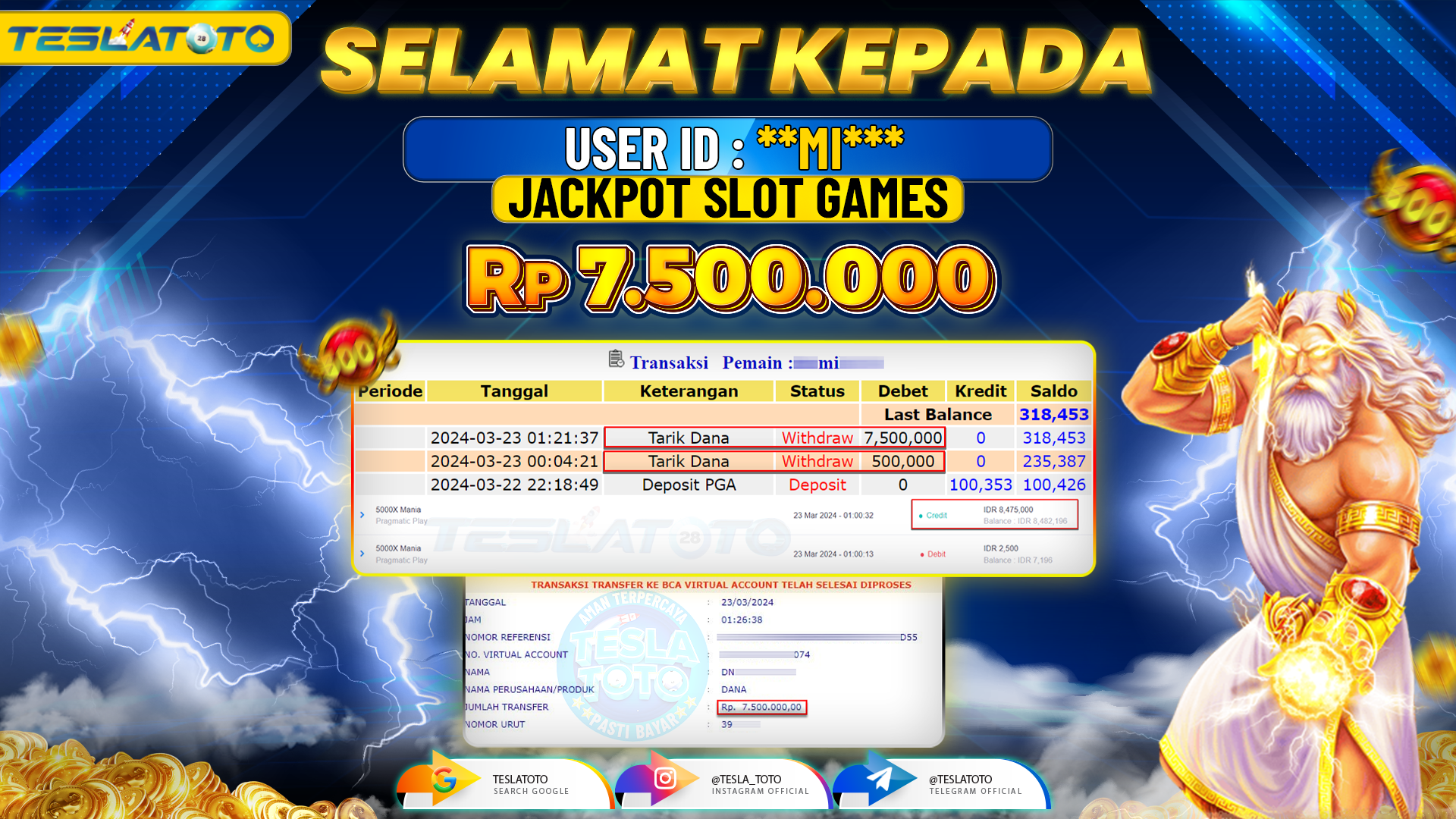 TESLATOTO JACKPOT SLOT 5000X MANIA Rp. 7.500.000 LUNAS