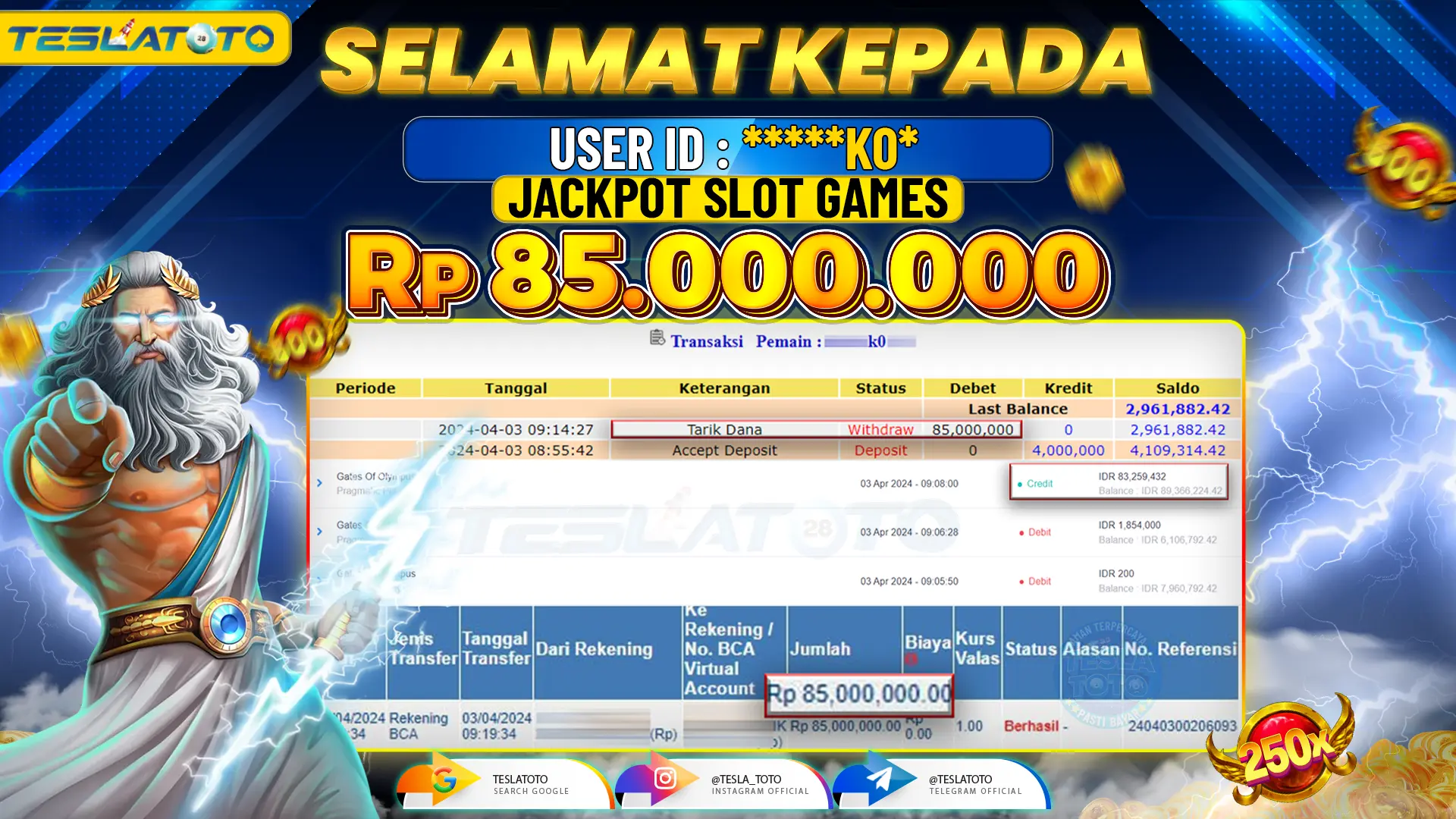 TESLATOTO JACKPOT SLOT GATES Of OLYMPUS Rp. 85.000.000 LUNAS