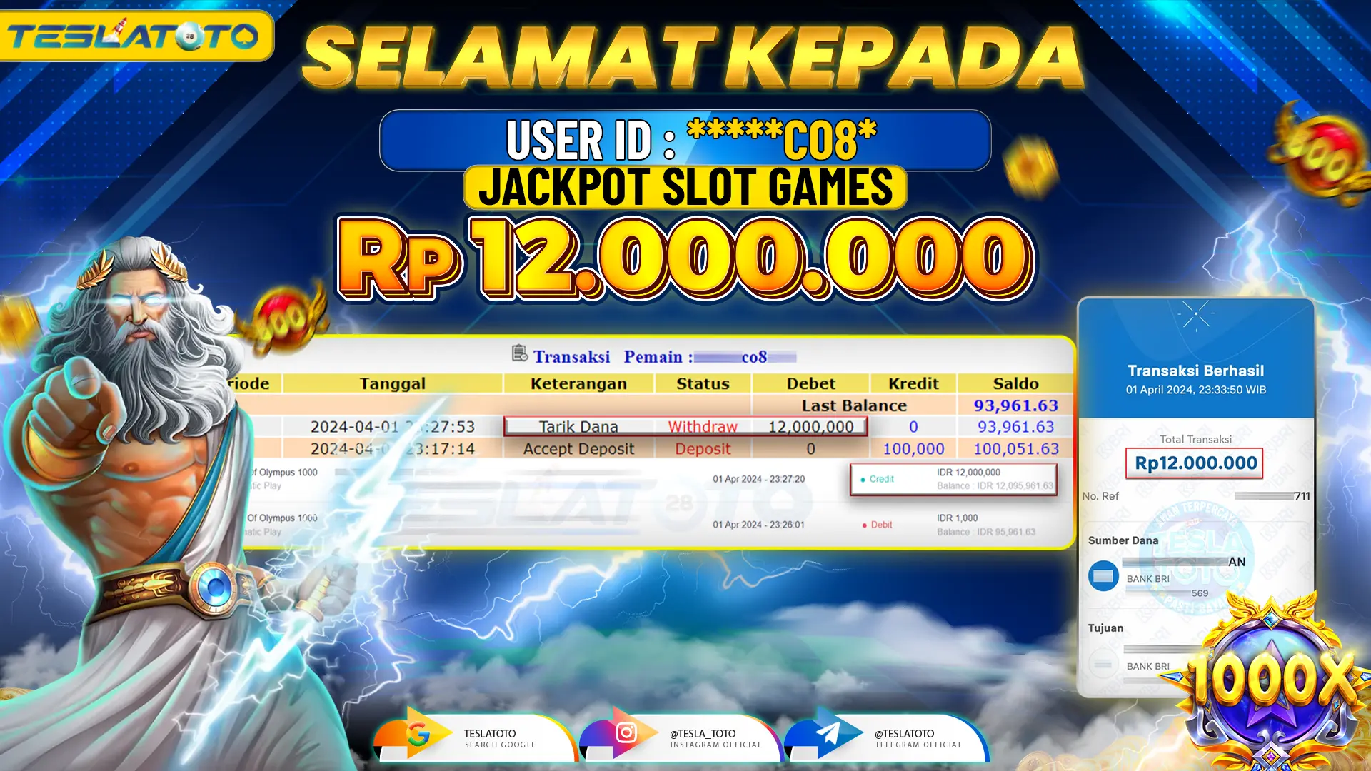 TESLATOTO JACKPOT SLOT GATES Of OLYMPUS 1000 Rp. 12.000.000 LUNAS