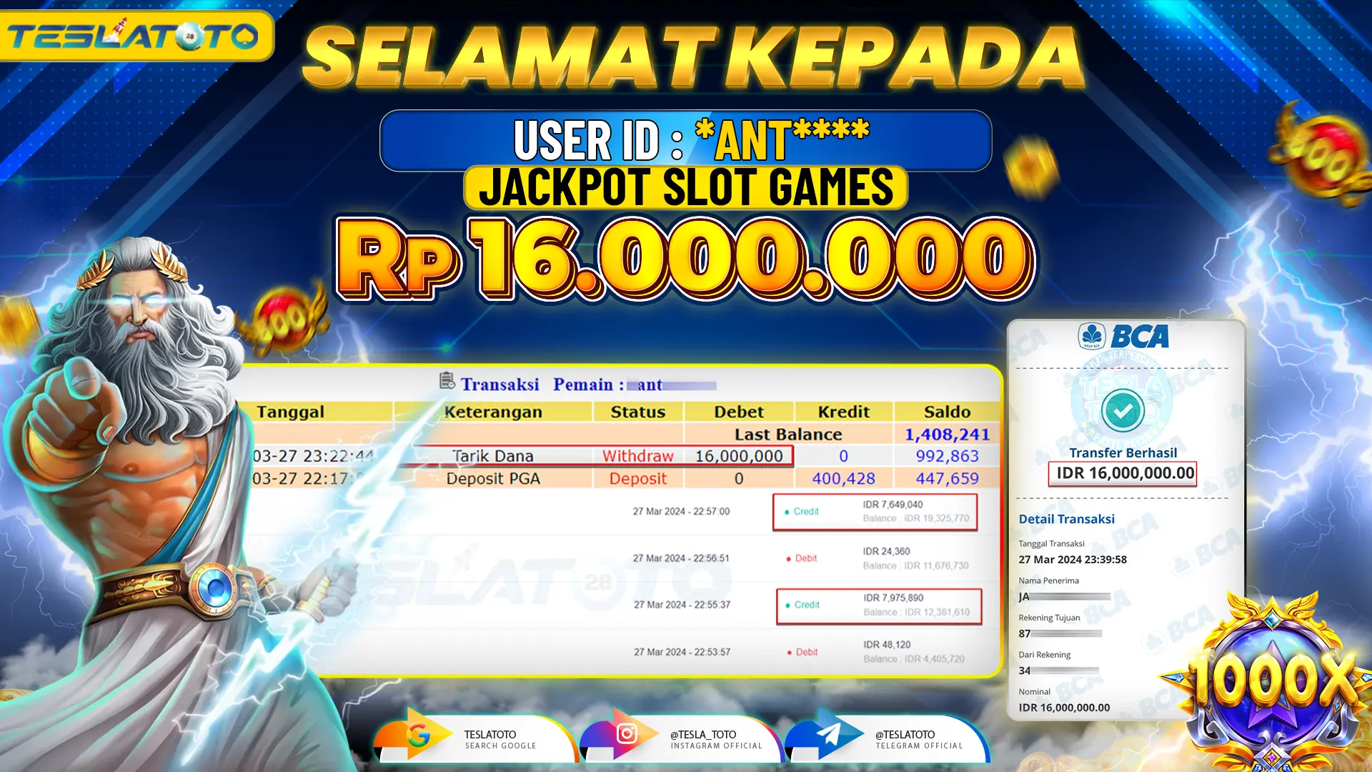 TESLATOTO JACKPOT SLOT GATES Of OLYMPUS 1000 Rp. 16.000.000 LUNAS