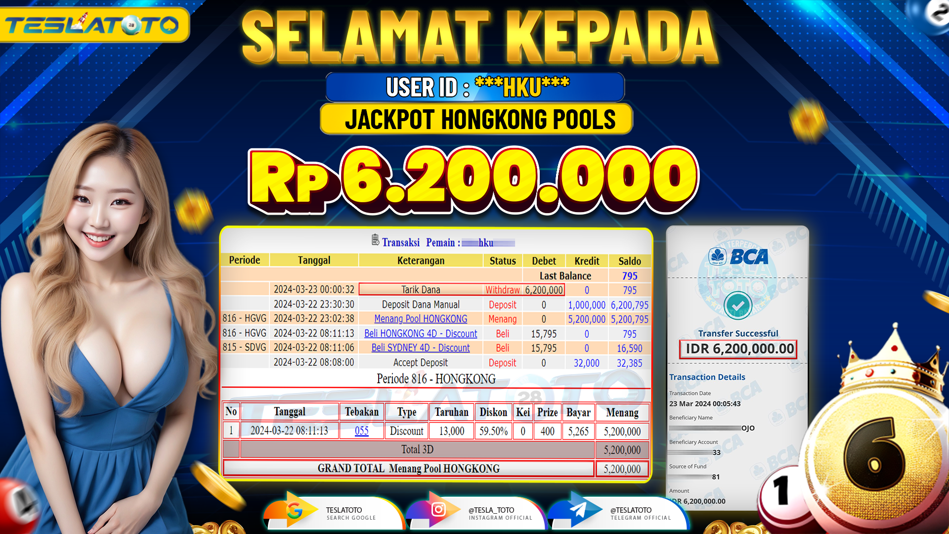 TESLATOTO JACKPOT HONGKONG POOLS  Rp. 6.200.000 LUNAS