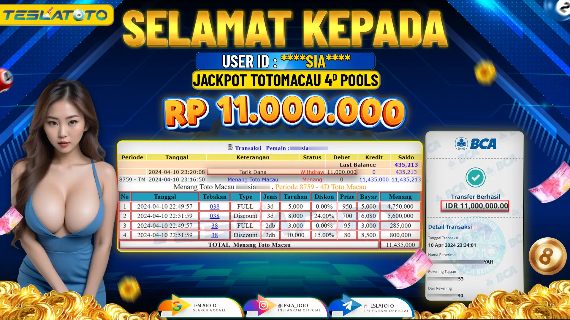TESLATOTO JACKPOT TOTO MACAU 4D POOLS  Rp. 11.000.000 LUNAS