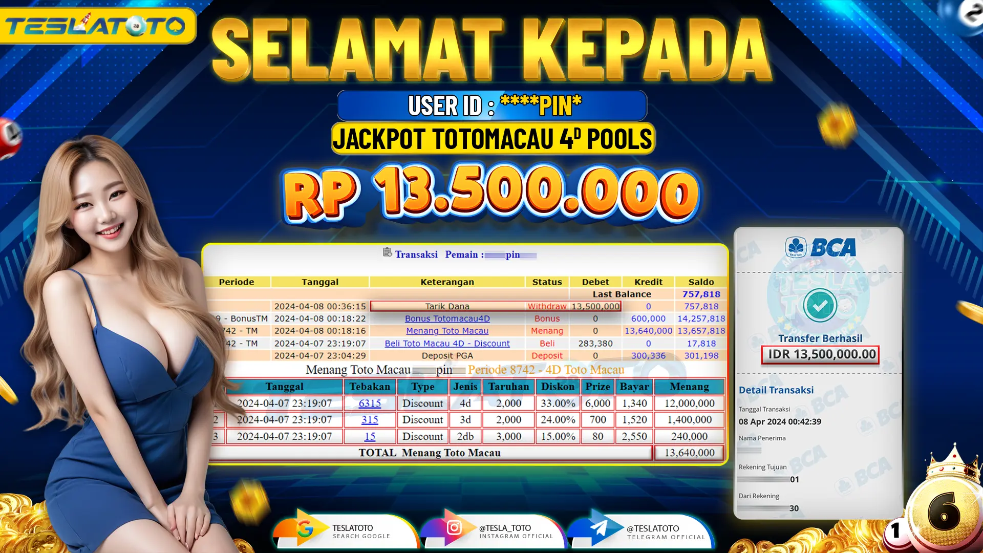 TESLATOTO JACKPOT TOTO MACAU 4D POOLS  Rp. 13.500.000 LUNAS