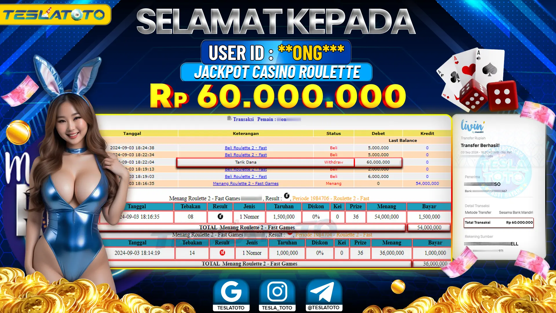 TESLATOTO JACKPOT CASINO ROULETTE Rp. 60.000.000 LUNAS