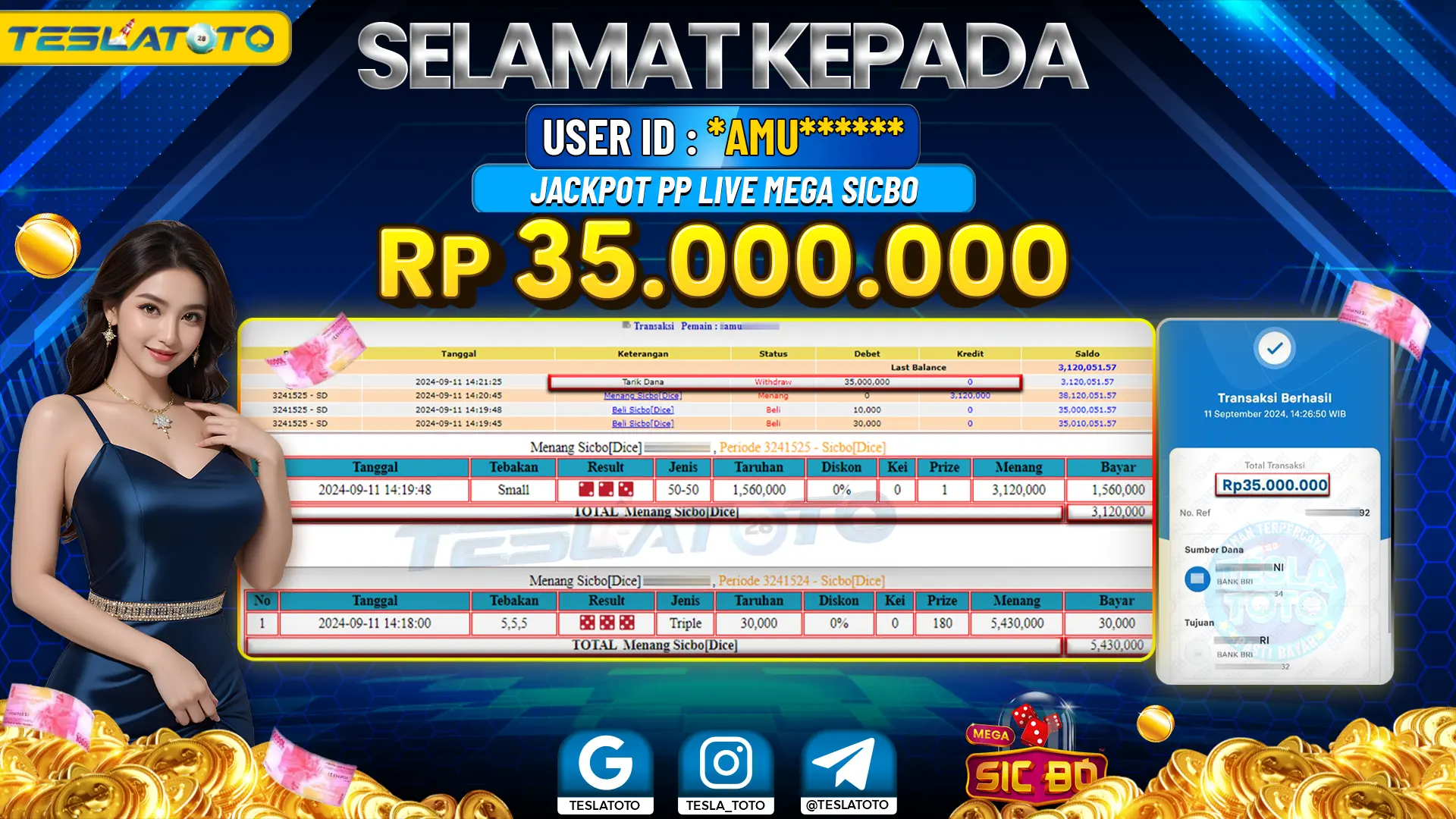 TESLATOTO JACKPOT CASINO SICBO {DICE} Rp. 35.000.000 LUNAS