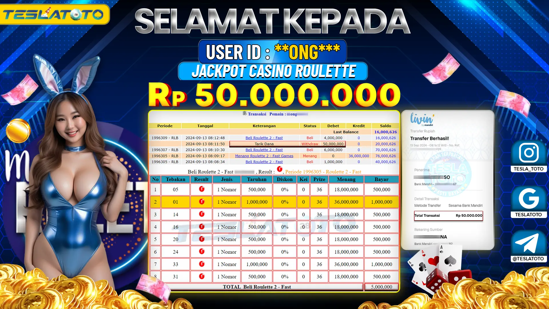 TESLATOTO JACKPOT CASINO ROULETTE Rp. 50.000.000 LUNAS