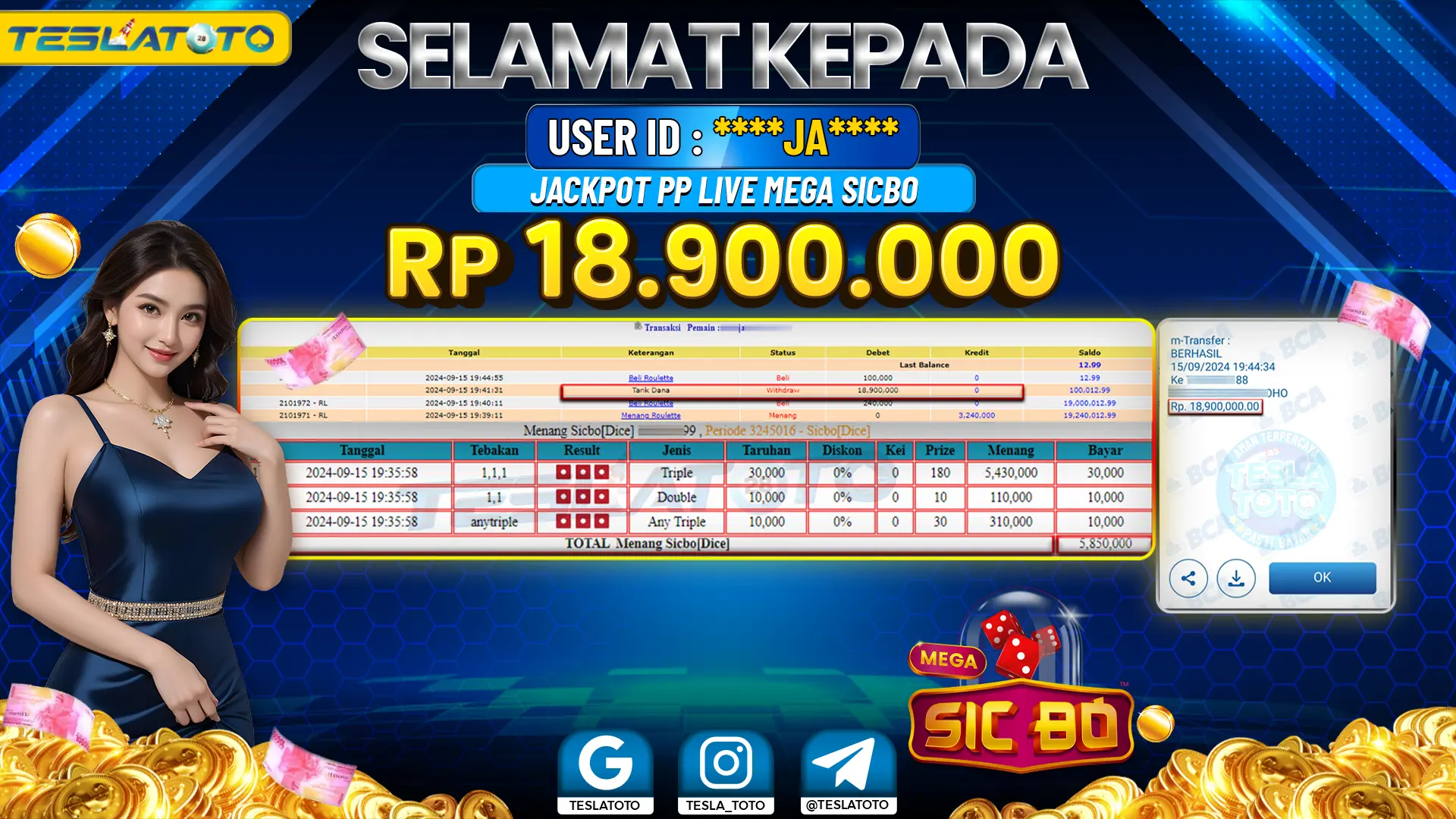 TESLATOTO JACKPOT CASINO SICBO {DICE} Rp. 19.000.000 LUNAS