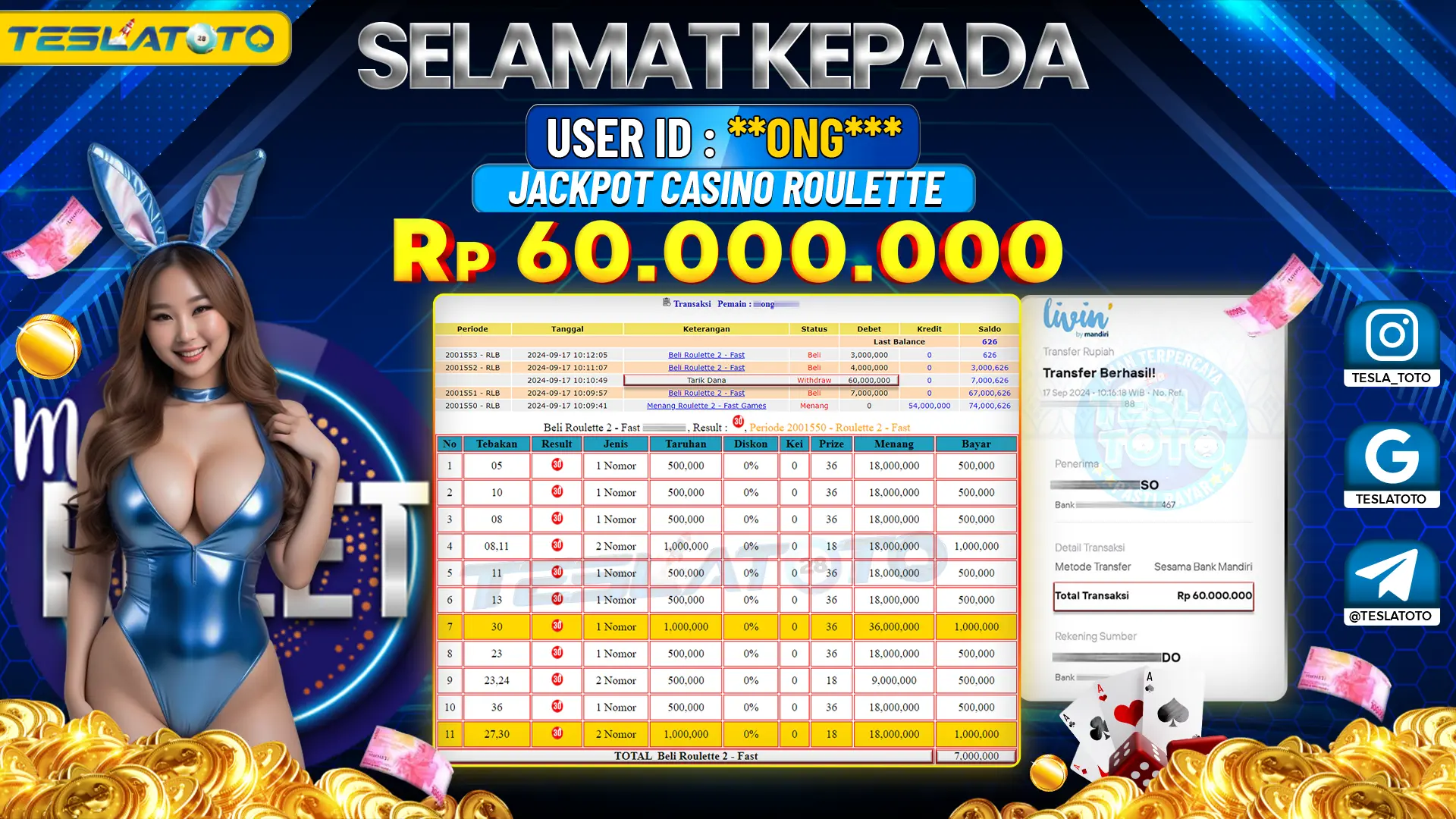 TESLATOTO JACKPOT CASINO ROULETTE Rp. 60.000.000 LUNAS