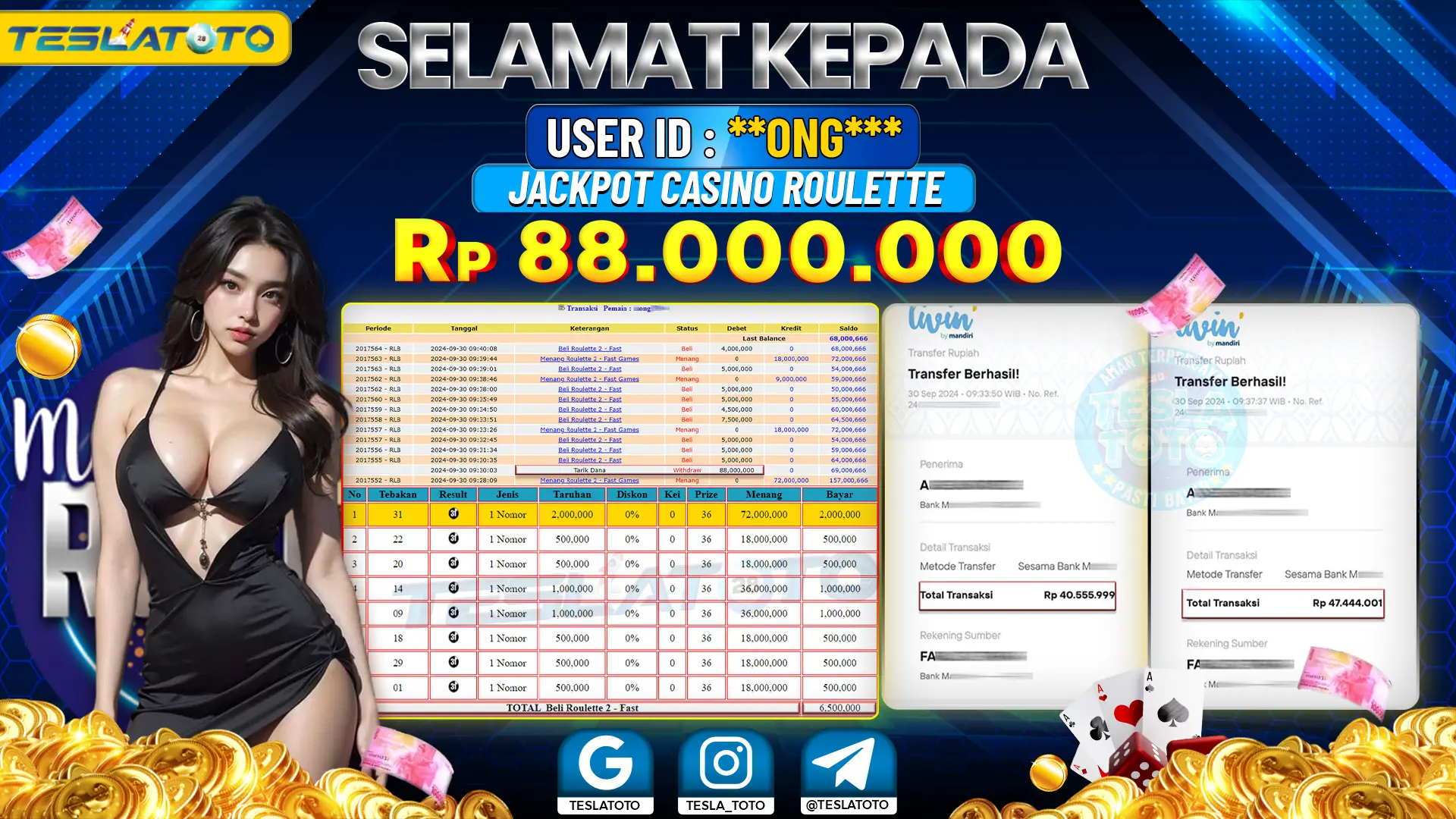 TESLATOTO JACKPOT CASINO ROULETTE Rp. 88.000.000 LUNAS