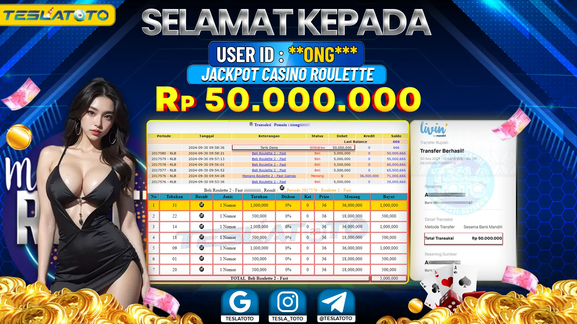TESLATOTO JACKPOT CASINO ROULETTE Rp. 50.000.000 LUNAS