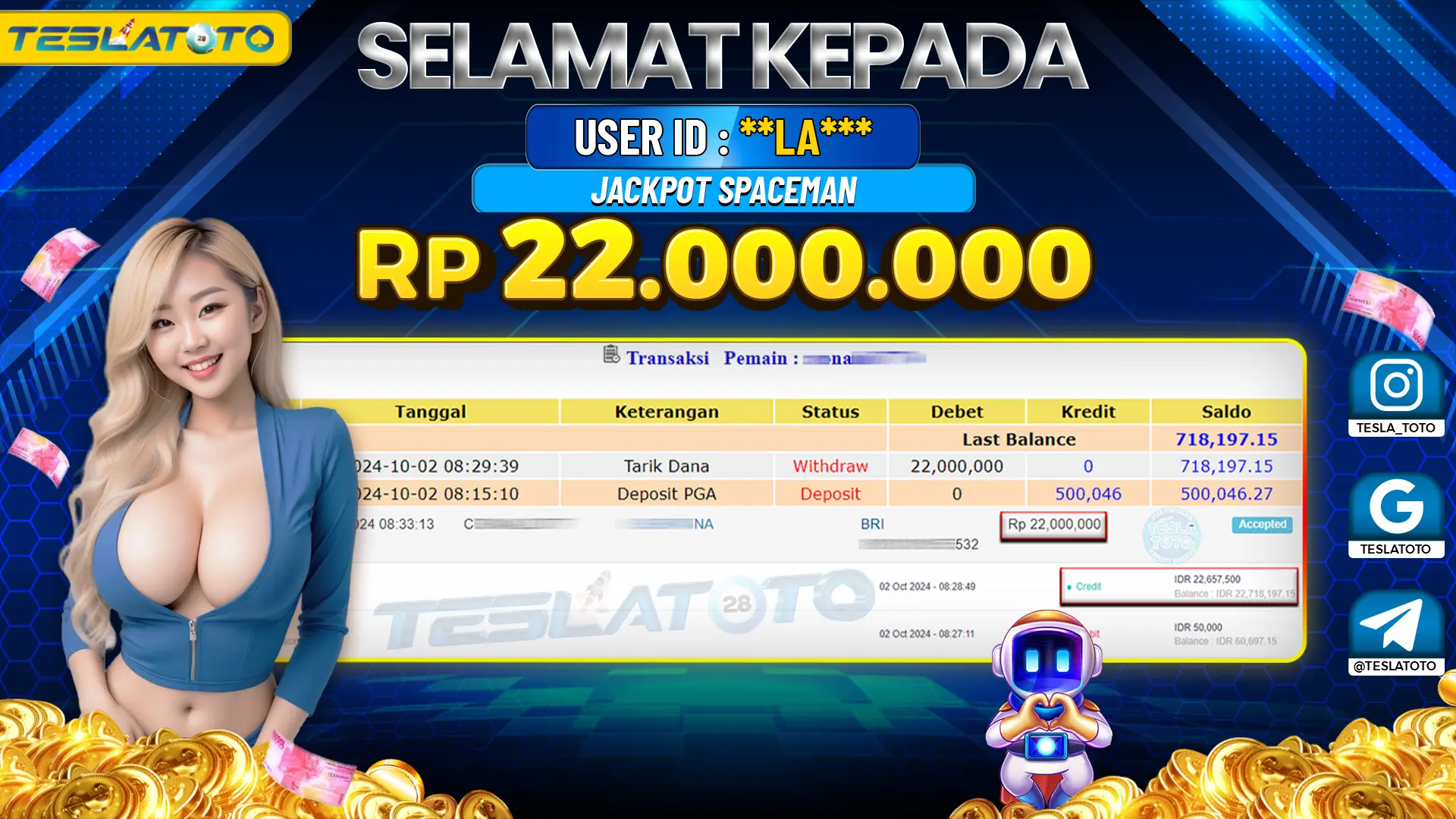 TESLATOTO JACKPOT SPACEMAN Rp. 22.000.000 LUNAS