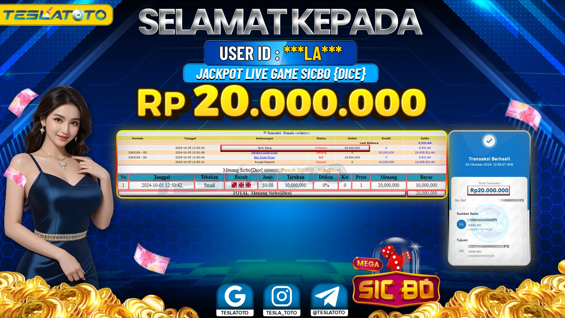 TESLATOTO JACKPOT CASINO SICBO{DICE} Rp. 20.000.000 LUNAS