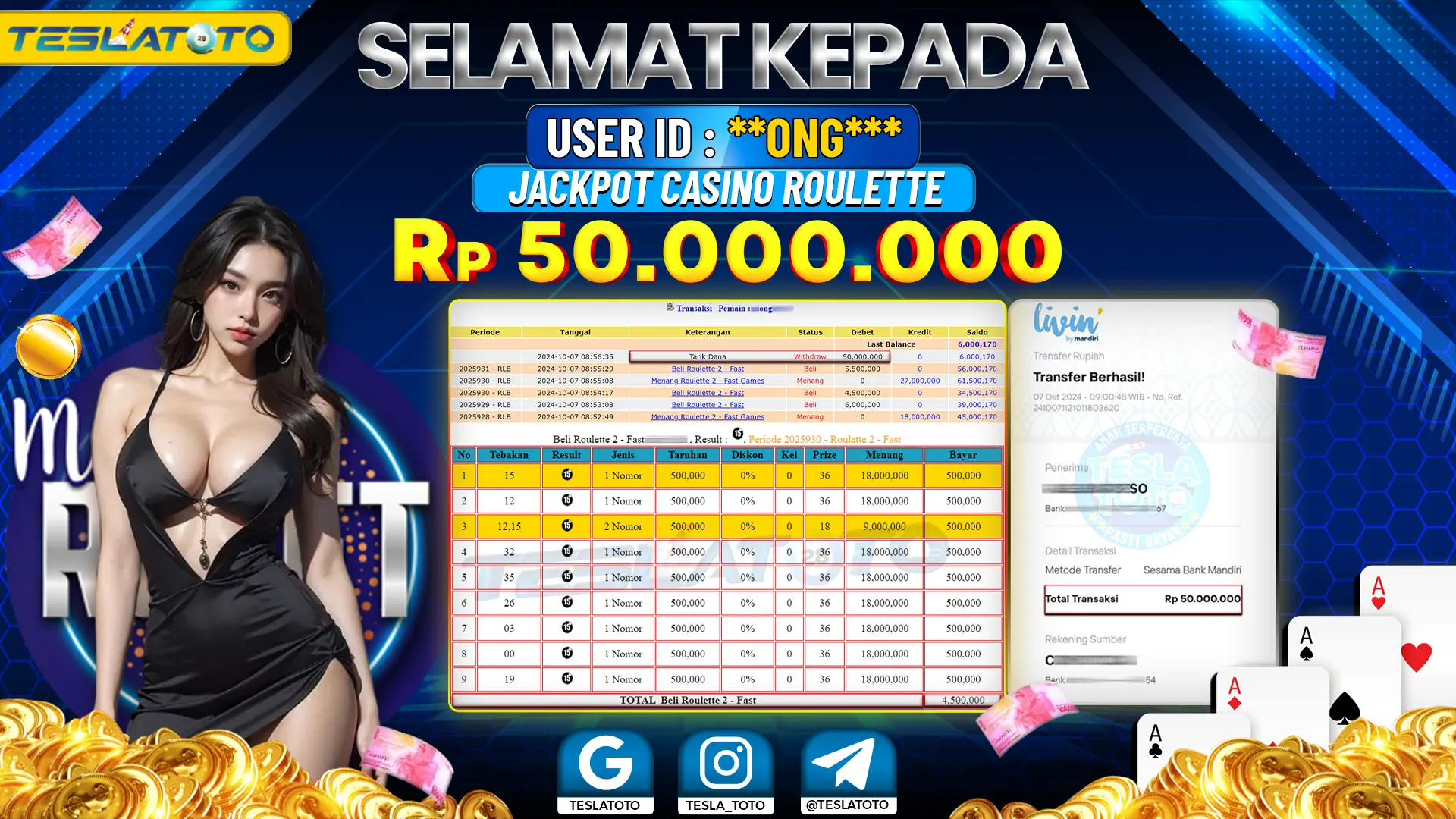 TESLATOTO JACKPOT CASINO ROULETTE Rp. 50.000.000 LUNAS