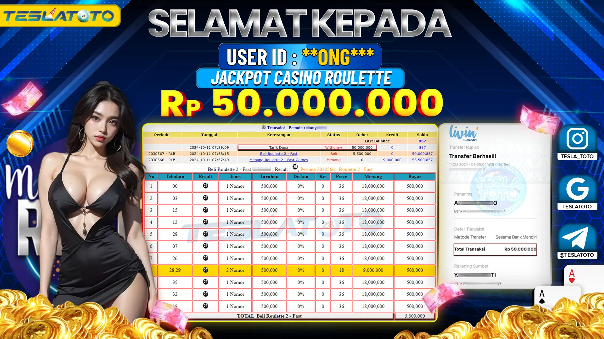 TESLATOTO JACKPOT CASINO ROULETTE Rp. 50.000.000 LUNAS