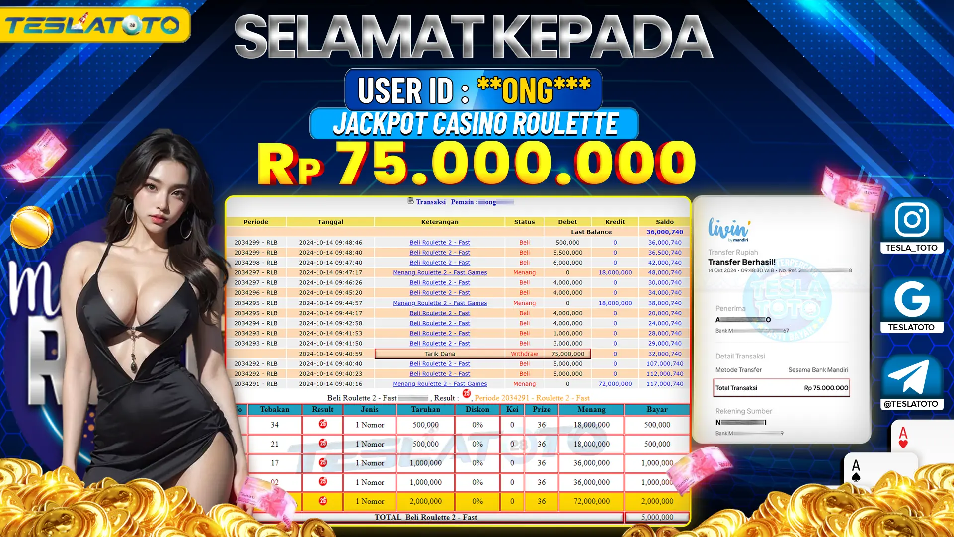 TESLATOTO JACKPOT CASINO ROULETTE Rp. 75.000.000 LUNAS