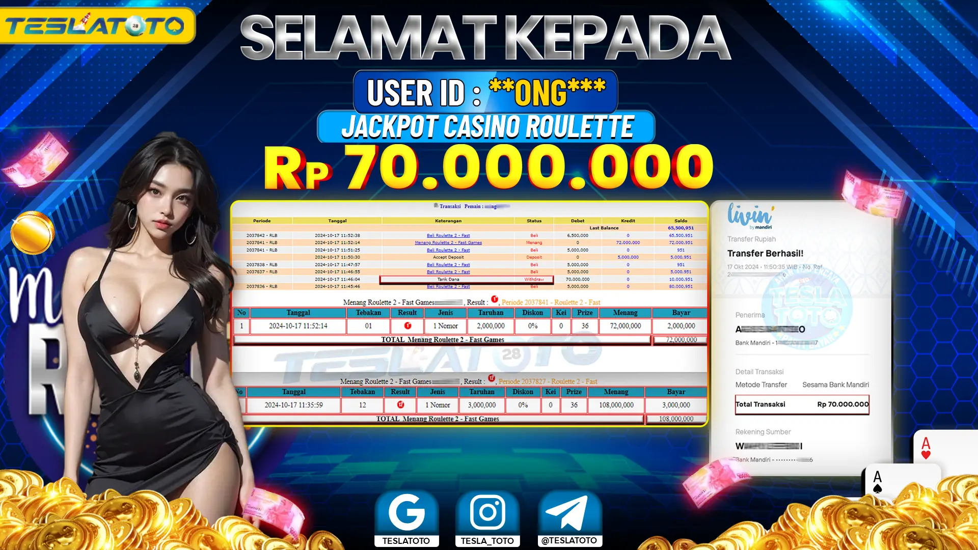 TESLATOTO JACKPOT CASINO ROULETTE Rp. 70.000.000 LUNAS