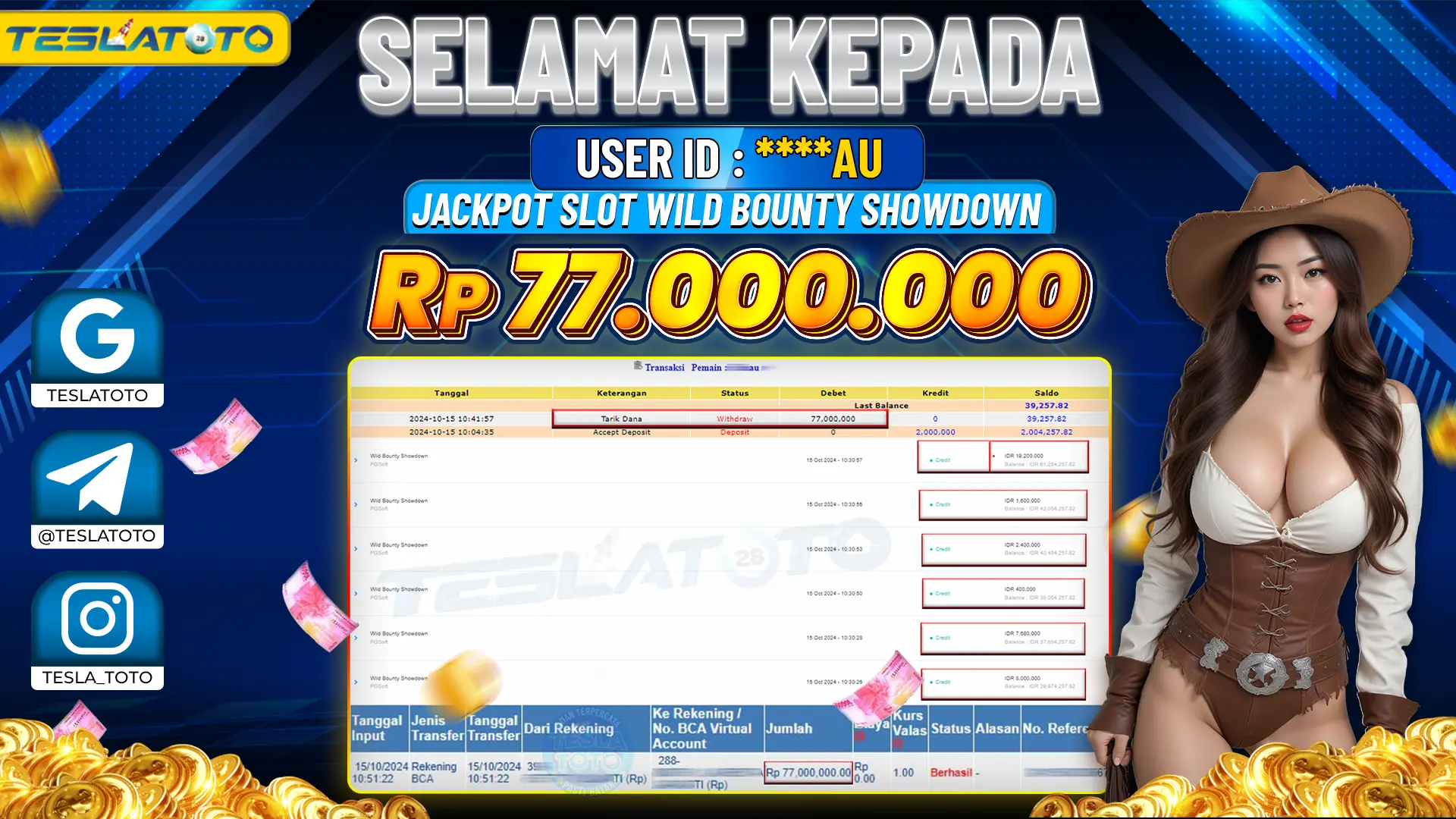 TESLATOTO JACKPOT SLOT WILD BOUNTY SHOWDOWN Rp. 77.000.000 LUNAS