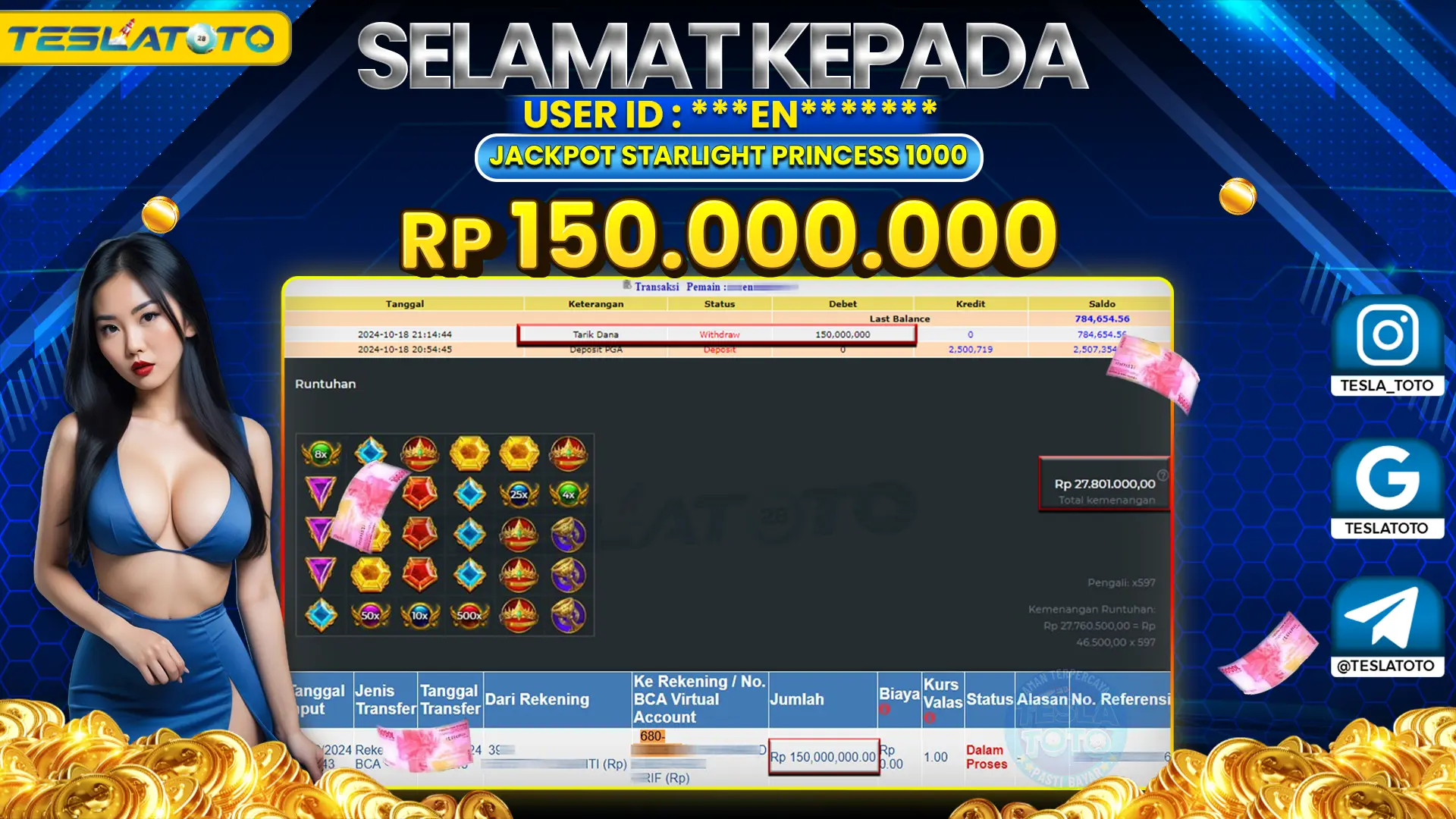 TESLATOTO JACKPOT SLOT STARLIGHT PRINCESS 1000 Rp. 150.000.000 LUNAS