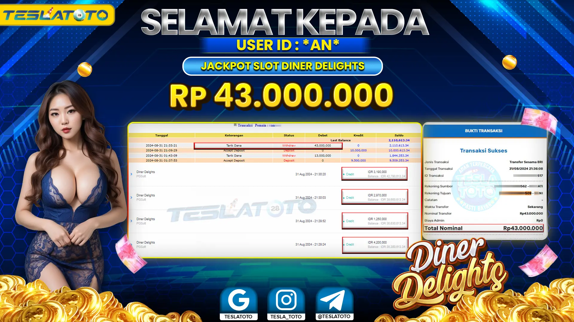 TESLATOTO JACKPOT SLOT DINER DELIGHTS Rp. 43.000.000 LUNAS