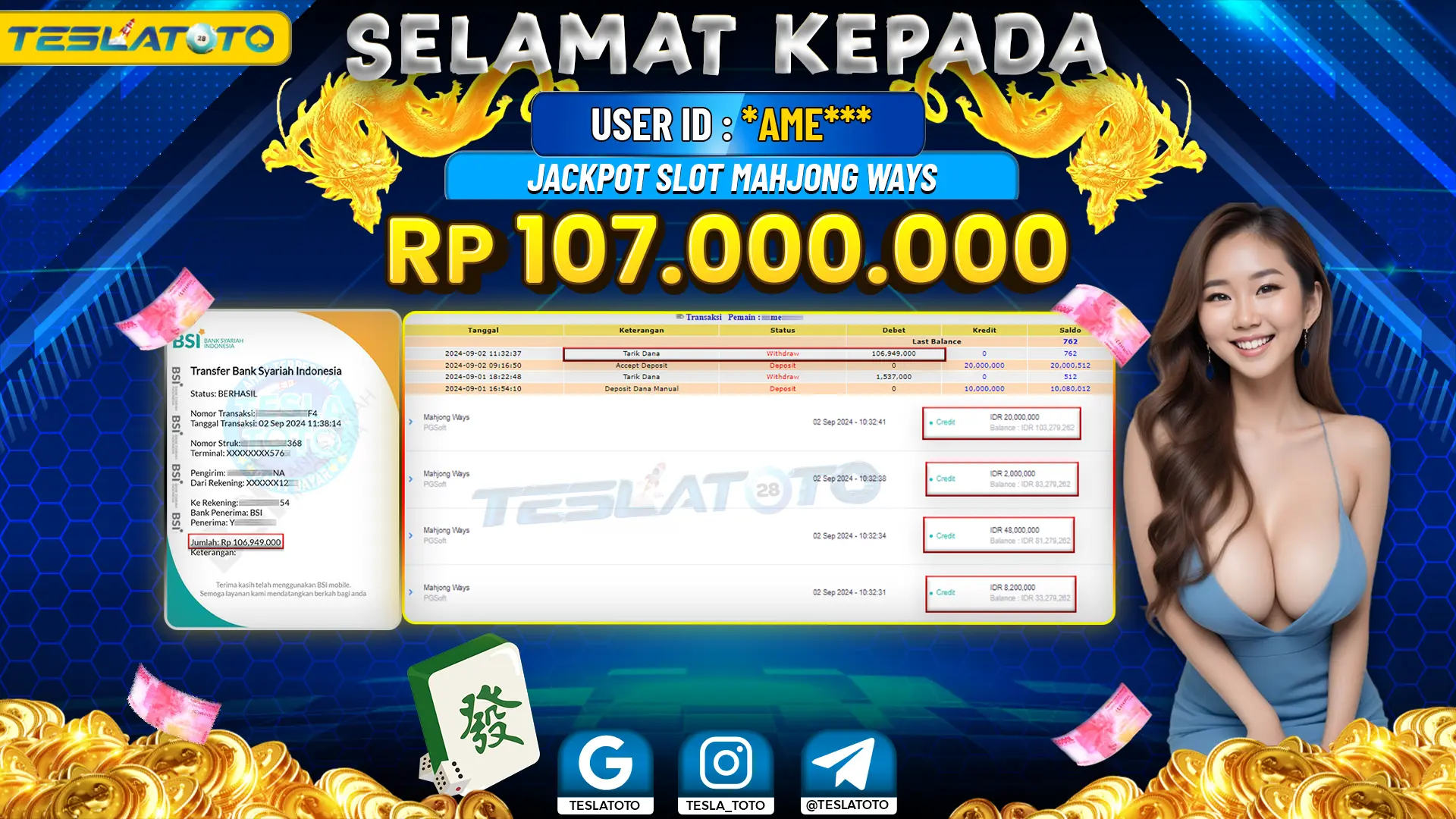 TESLATOTO JACKPOT SLOT MAHJONG WAYS Rp. 107.000.000 LUNAS