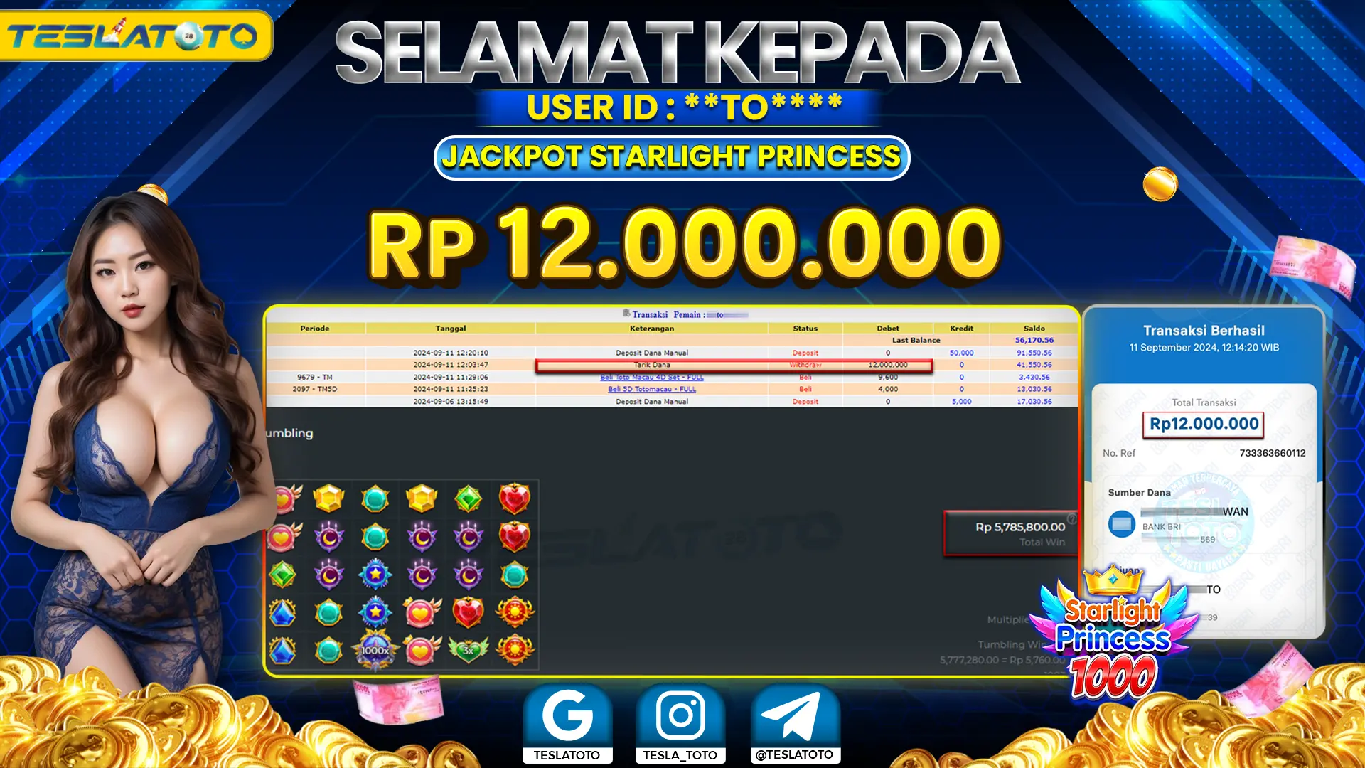 TESLATOTO JACKPOT SLOT STARLIGHT PRINCESS Rp. 12.000.000 LUNAS