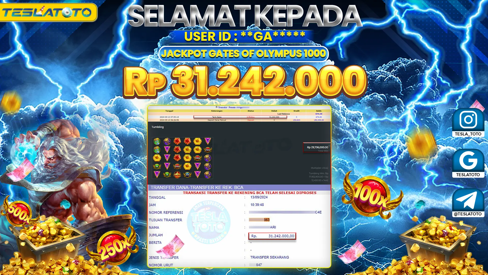 TESLATOTO JACKPOT SLOT GATES OF OLYMPUS 1000 Rp. 31.500.000 LUNAS