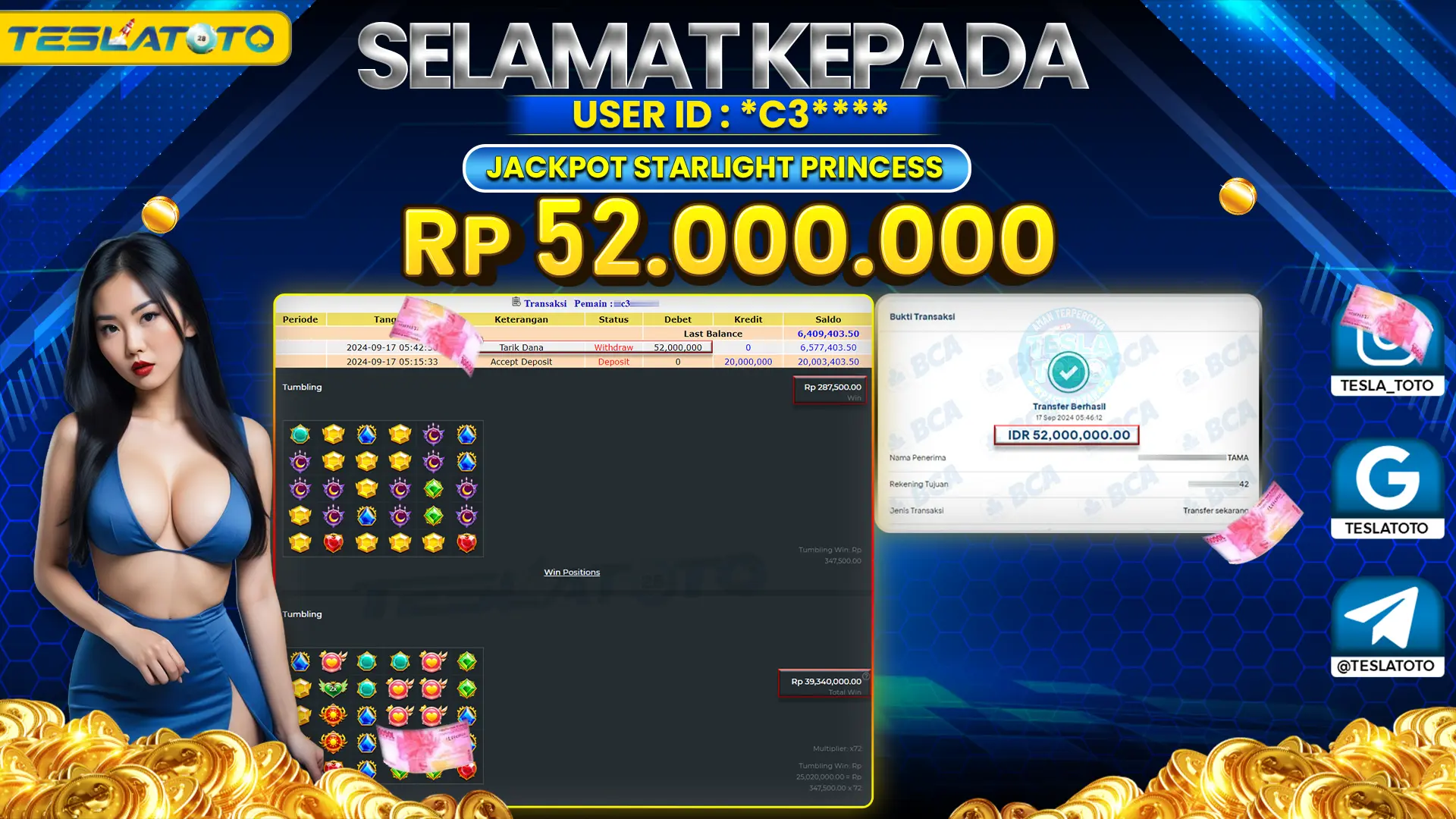 TESLATOTO JACKPOT SLOT STARLIGHT PRINCESS Rp. 52.000.000 LUNAS