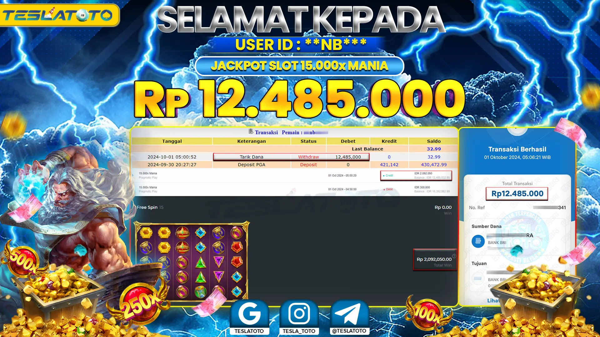 TESLATOTO JACKPOT SLOT 15.000x MANIA Rp. 12.500.000 LUNAS