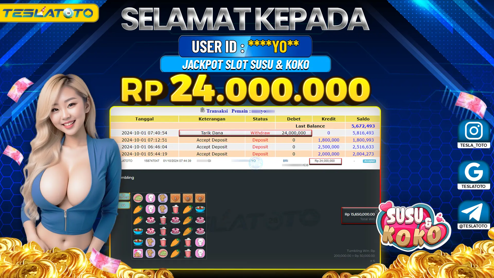 TESLATOTO JACKPOT SLOT SUSU & KOKO Rp. 24.000.000 LUNAS