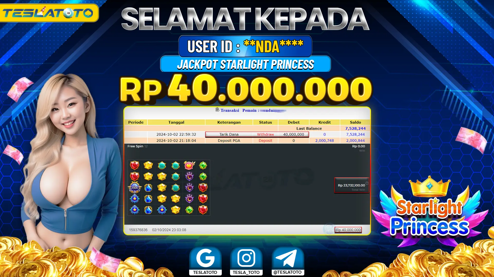 TESLATOTO JACKPOT SLOT STARLIGHT PRINCESS Rp. 40.000.000 LUNAS
