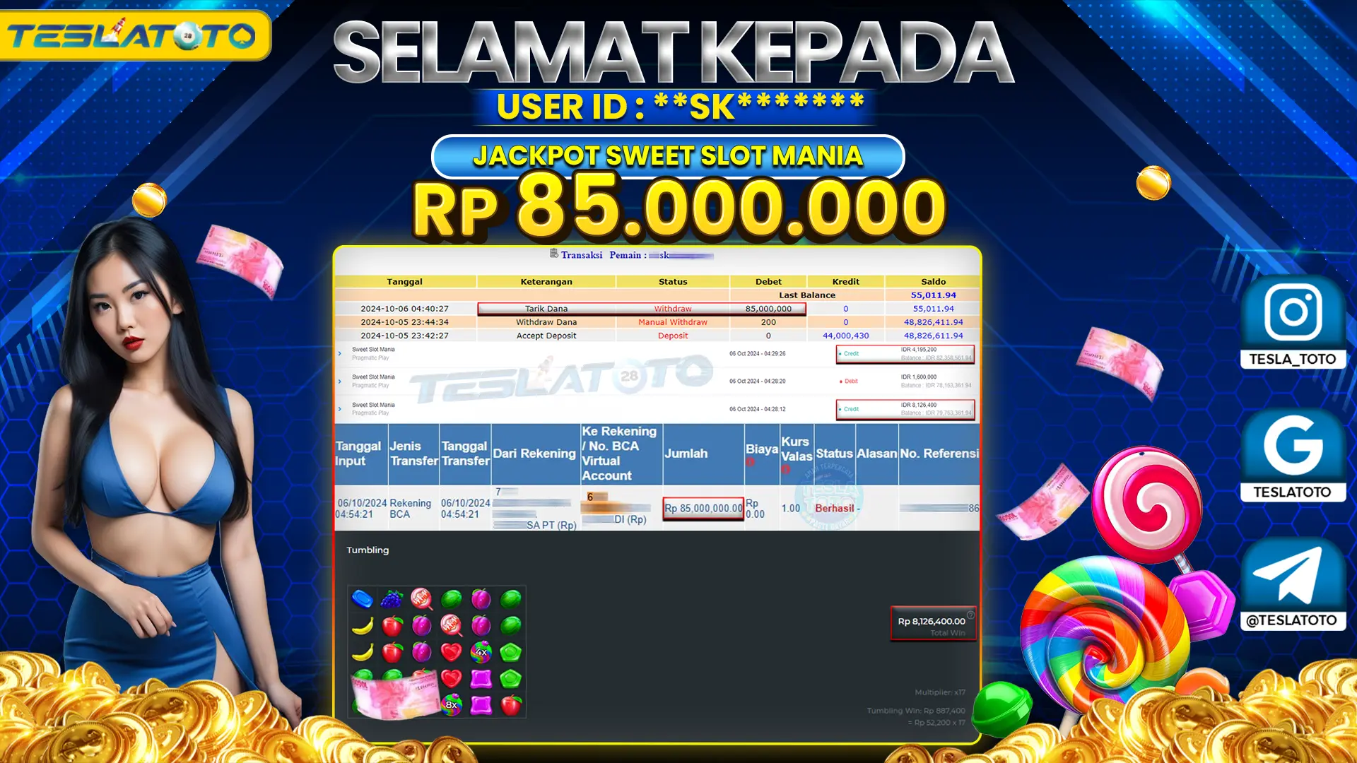 TESLATOTO JACKPOT SWEET SLOT MANIA Rp. 85.000.000 LUNAS
