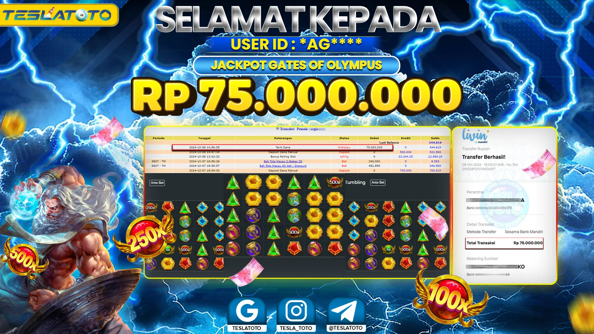 TESLATOTO JACKPOT SLOT GATES OF OLYMPUS Rp. 75.000.000 LUNAS
