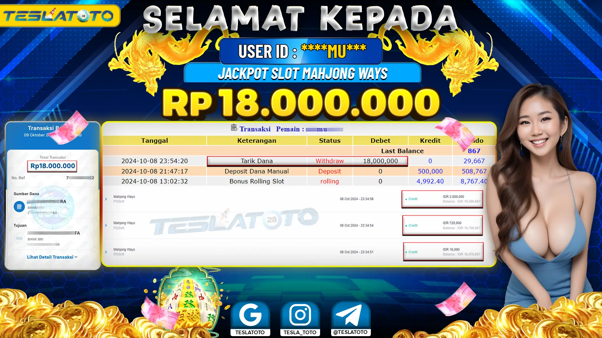 TESLATOTO JACKPOT SLOT MAHJONG WAYS Rp. 18.000.000 LUNAS