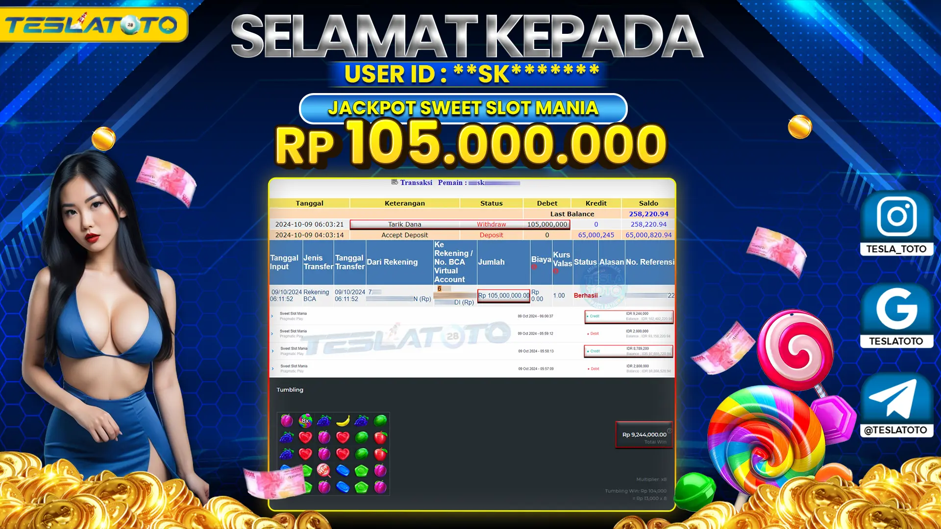 TESLATOTO JACKPOT SWEET SLOT MANIA Rp. 105.000.000 LUNAS