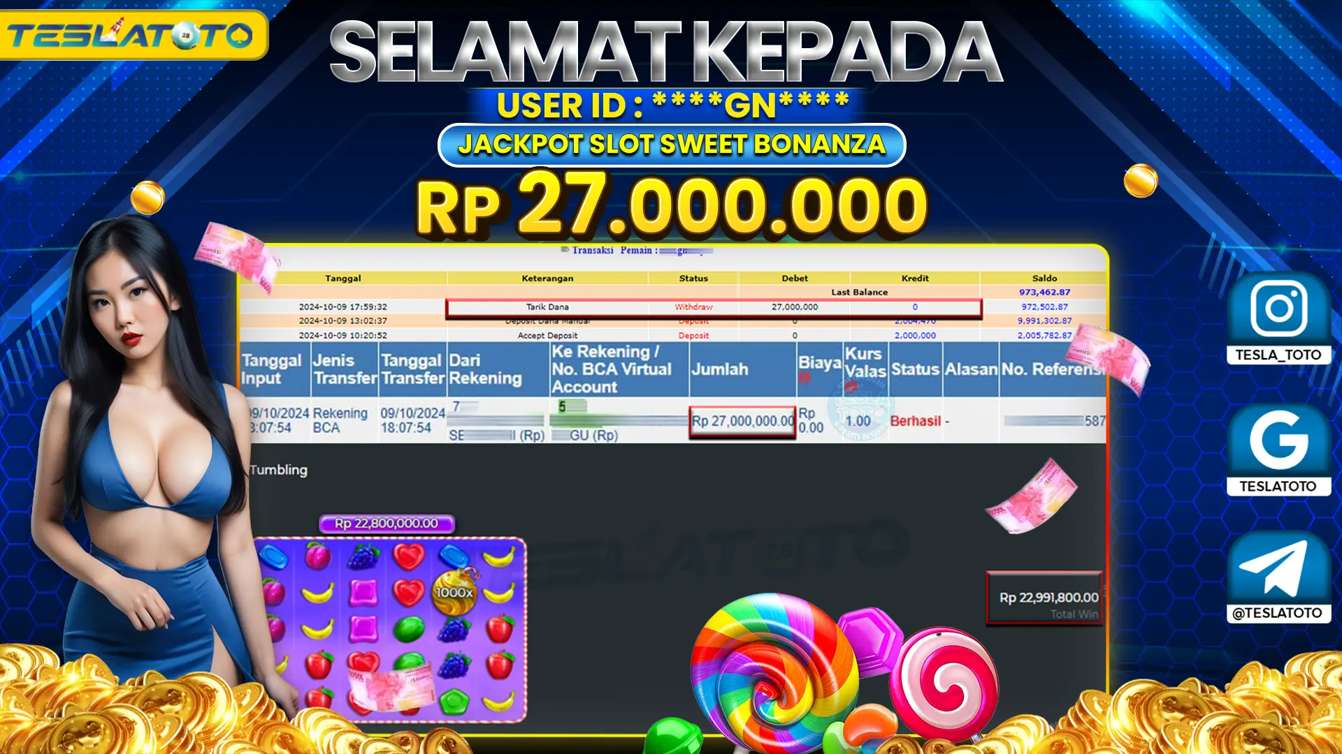 TESLATOTO JACKPOT SLOT SWEET BONANZA Rp. 27.000.000 LUNAS