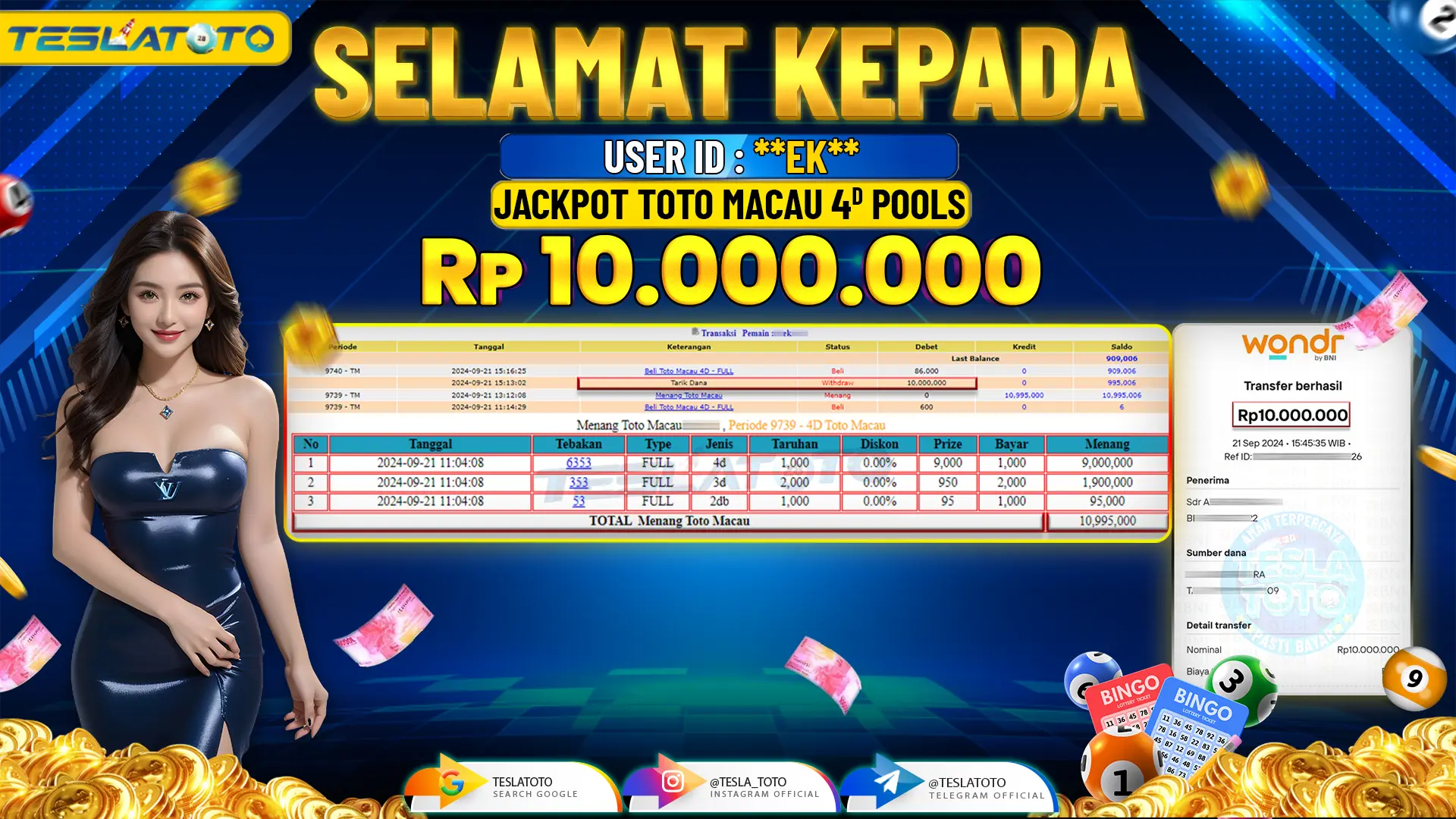 TESLATOTO JACKPOT TOTO MACAU 4D POOLS  Rp. 10.000.000 LUNAS