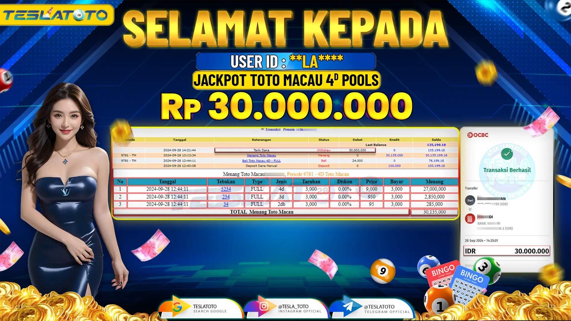 TESLATOTO JACKPOT TOTO MACAU 4D POOLS  Rp. 30.000.000 LUNAS