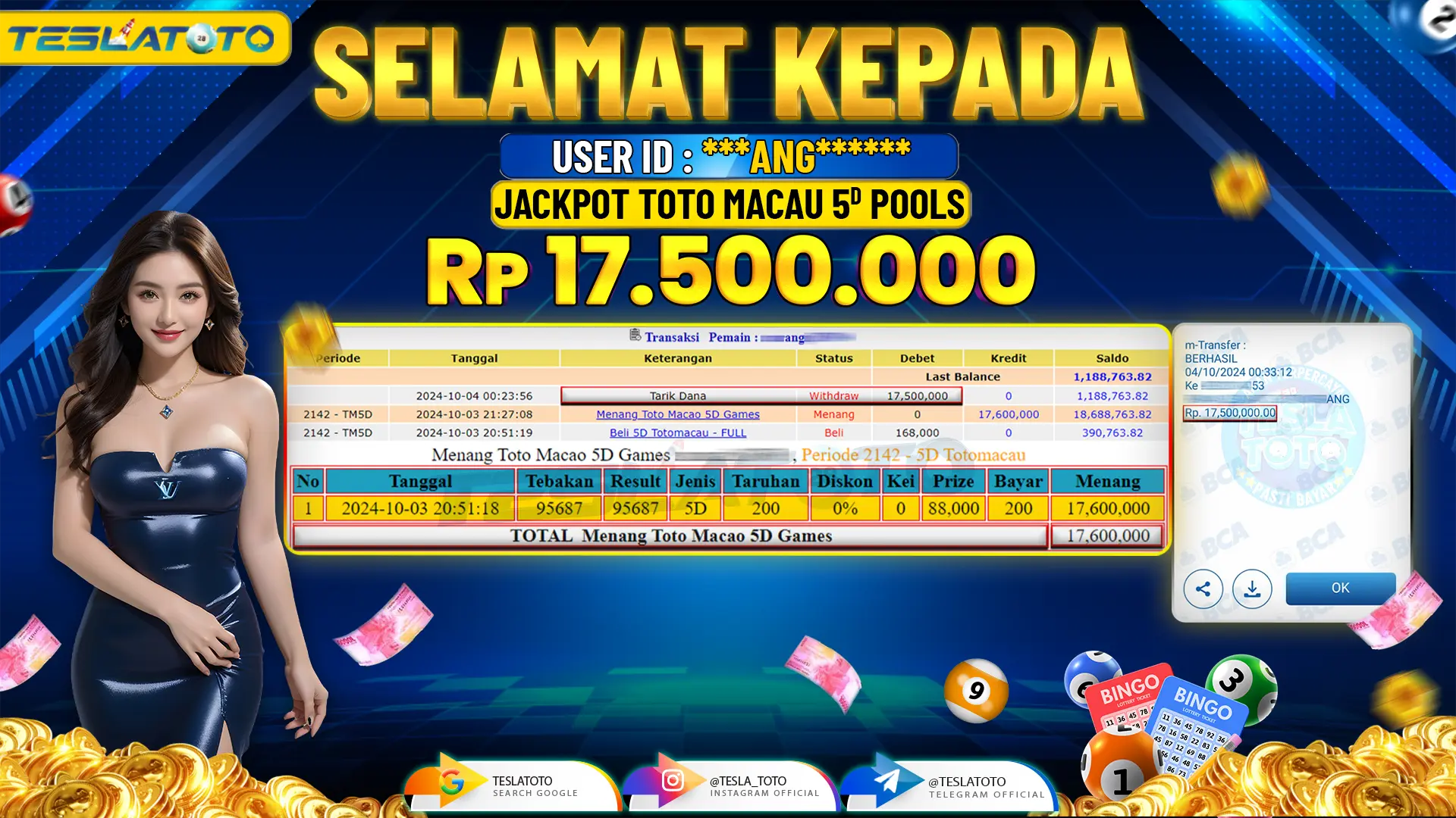 TESLATOTO JACKPOT TOTO MACAU 5D POOLS  Rp. 17.500.000 LUNAS