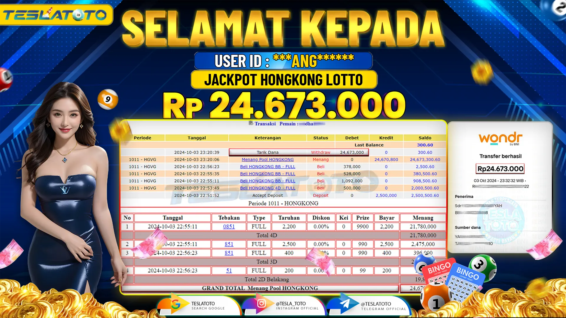 TESLATOTO JACKPOT HONGKONG LOTTO  Rp. 24.700.000 LUNAS