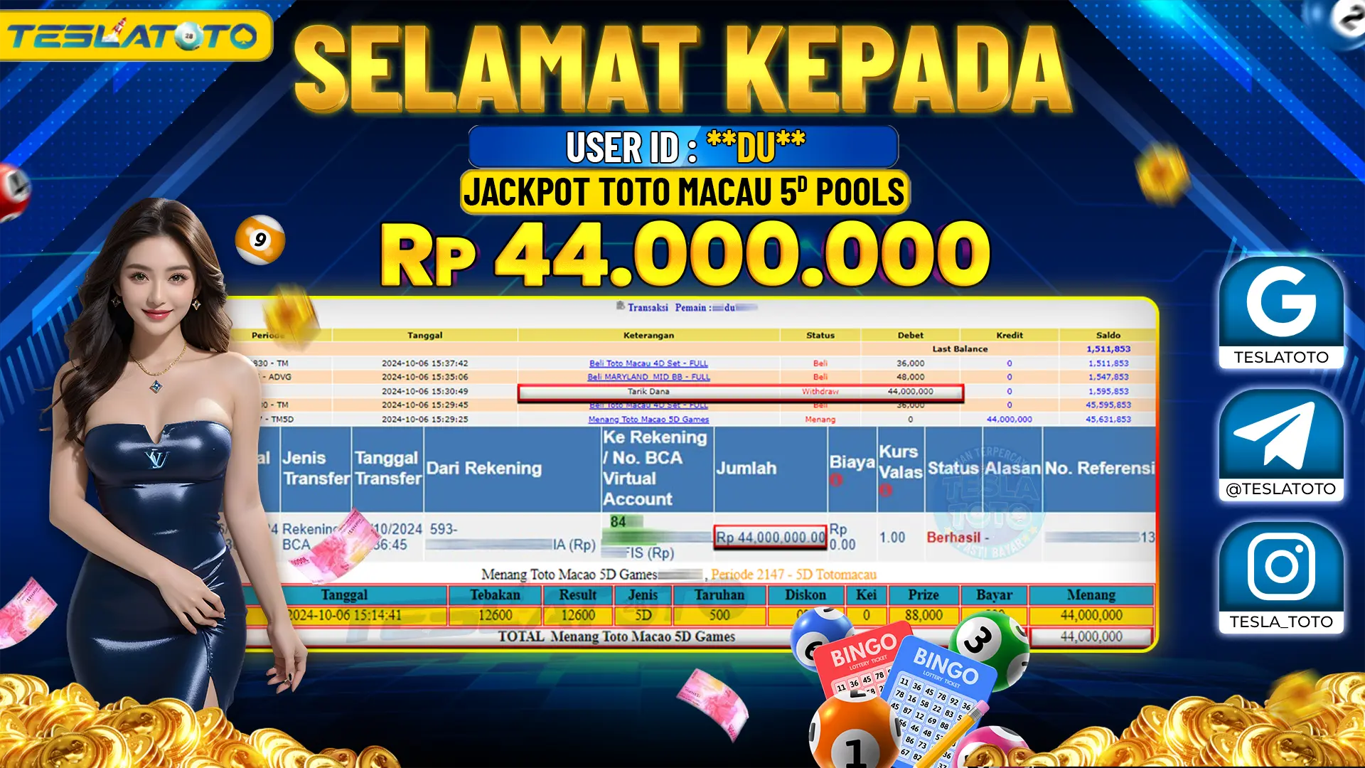 TESLATOTO JACKPOT TOTO MACAU 5D POOLS  Rp. 44.000.000 LUNAS