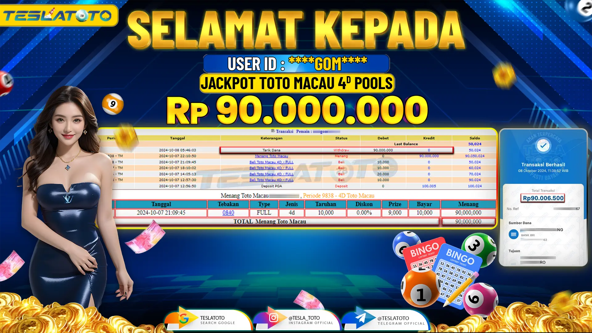 TESLATOTO JACKPOT TOTO MACAU 4D POOLS  Rp. 90.000.000 LUNAS