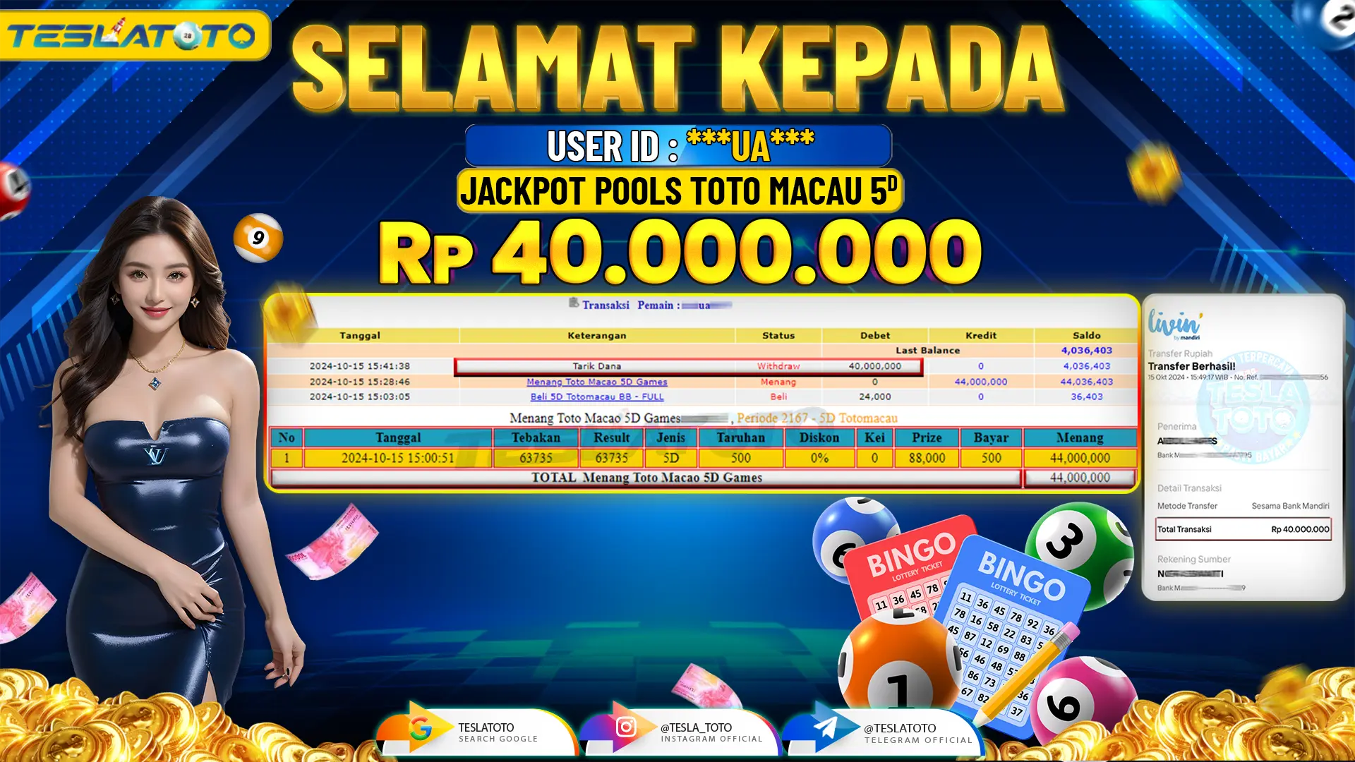 TESLATOTO JACKPOT TOTO MACAU 5D POOLS  Rp. 40.000.000 LUNAS