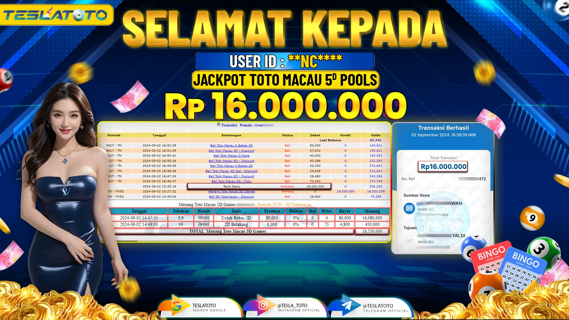 TESLATOTO JACKPOT TOTO MACAU 5D POOLS  Rp. 16.000.000 LUNAS
