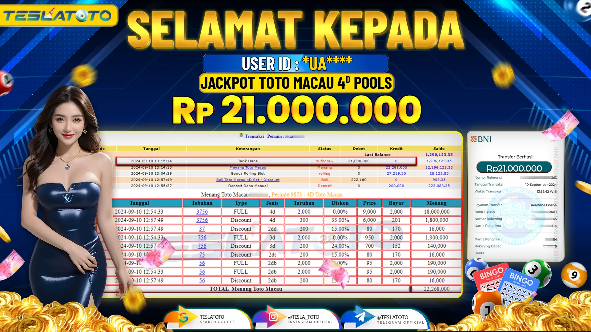 TESLATOTO JACKPOT TOTO MACAU 4D POOLS  Rp. 21.000.000 LUNAS