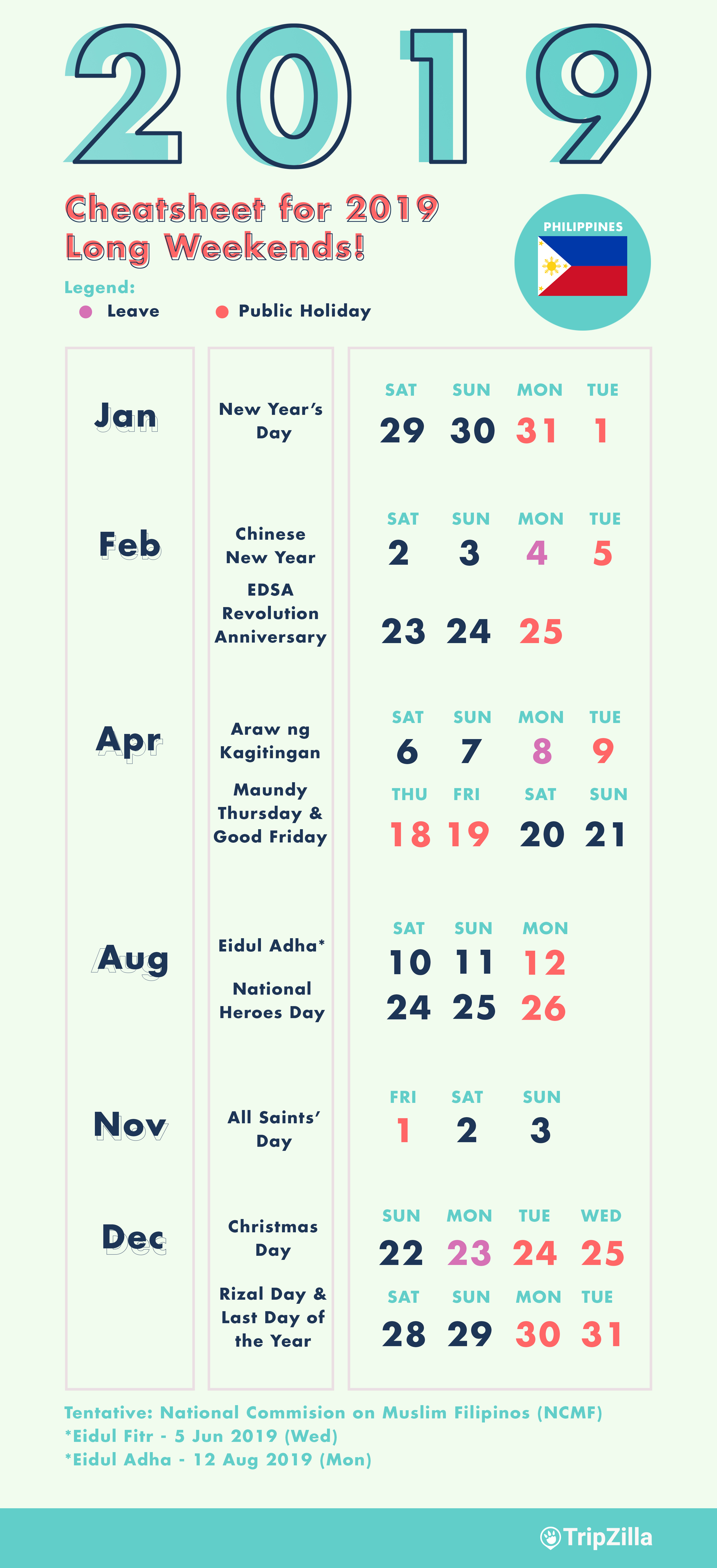10 Long Weekends in the Philippines in 2019 with Calendar 