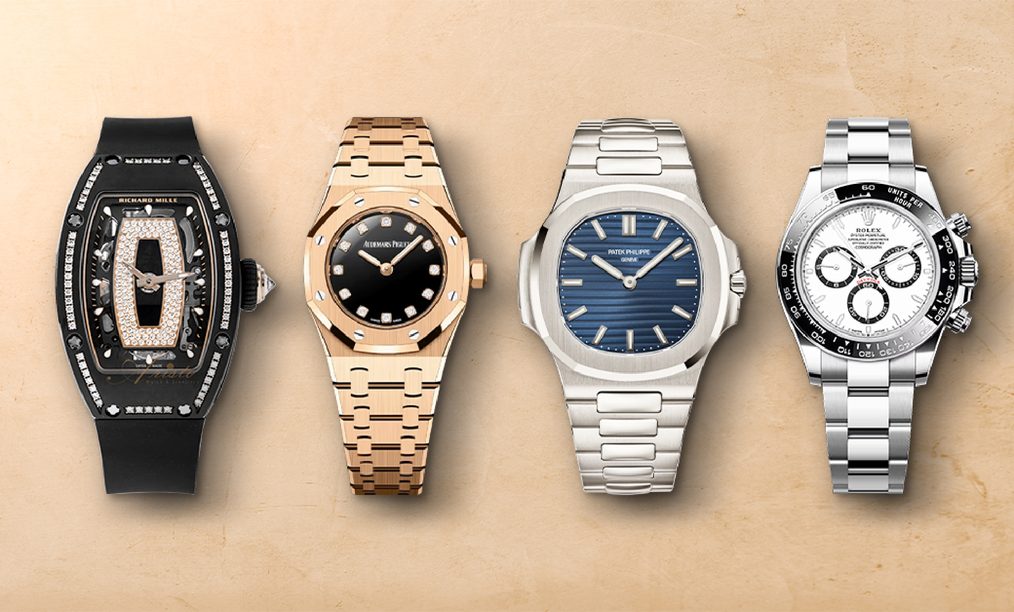 Richard Mille, Audemars Piguet Royal Oak rose gold, Patek Philippe Nautilus, dan Rolex Daytona berjajar