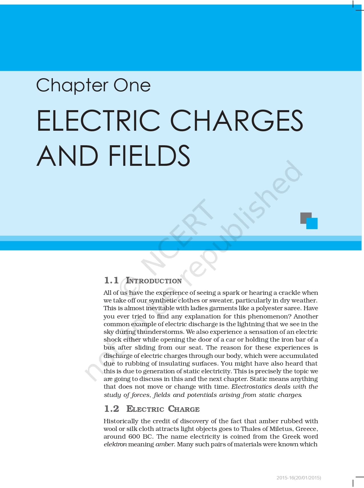 NCERT Book for Class 12 Physics Chapter 1 Electric Charges and Fields