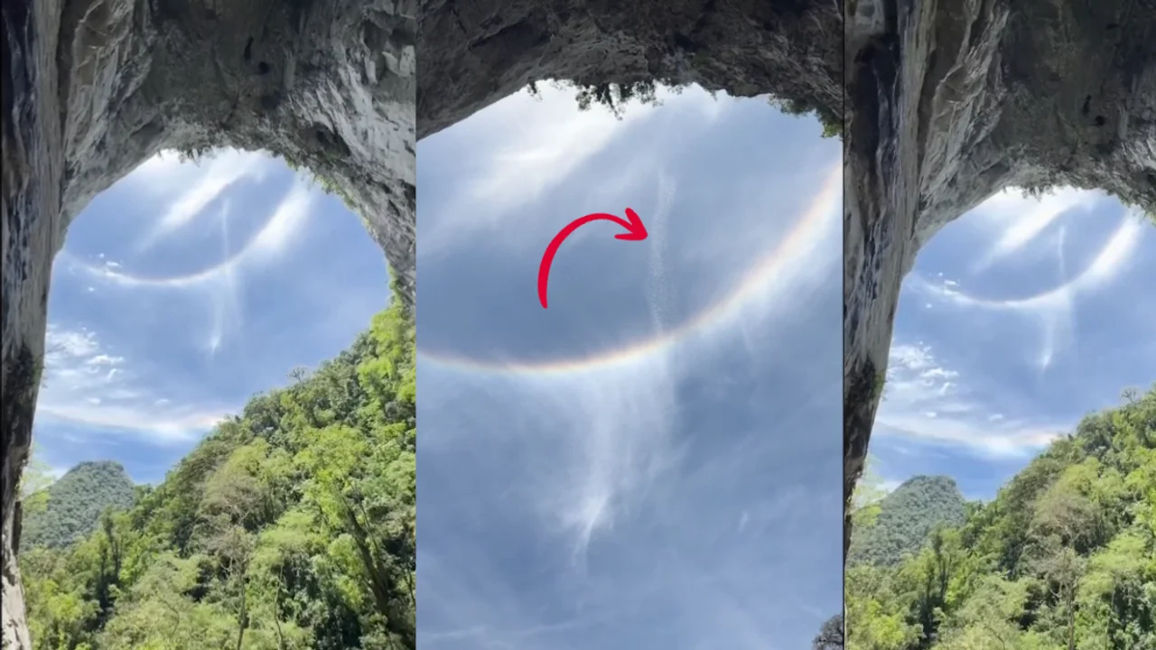 Brazil Waterfall Appears To Fall From Sky Beneath Rainbow-Like Halo At Cave Entrance