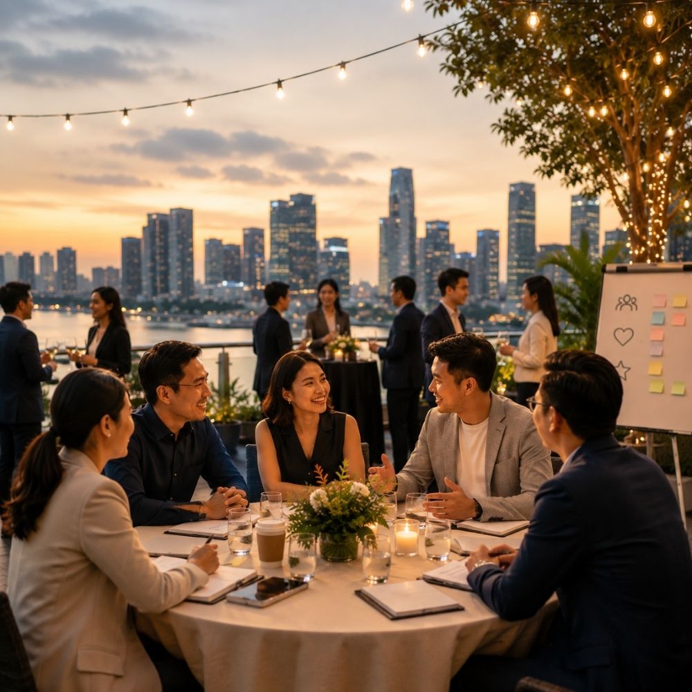 Colleagues gathered at a rooftop corporate dinner at sunset
